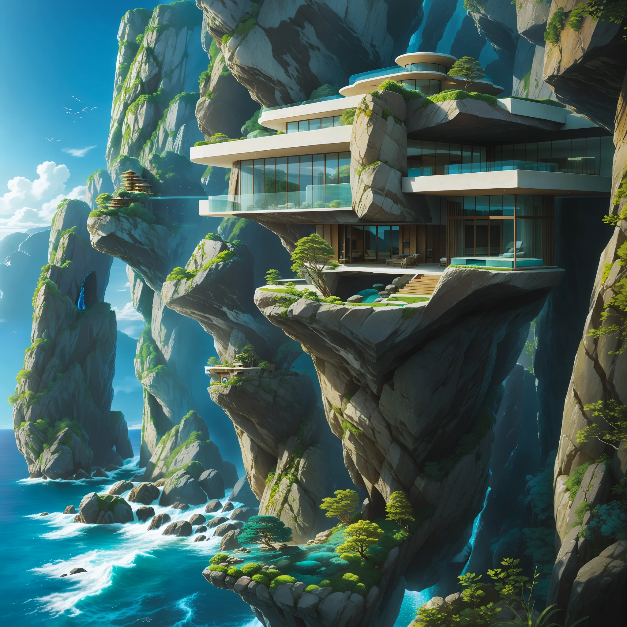 a modern futuristic design large cliff House's with a artificial waterfall and a pool in the middle, nature meets architecture, built around blue ocean, realistic beehive architecture, organic architecture, very close to real nature, breathtaking render, island with cave, stunning architecture, luxury architecture, realistic fantasy render, by Zha Shibiao, epic and stunning, architectural visualization, epic architecture, concept art. 8 k