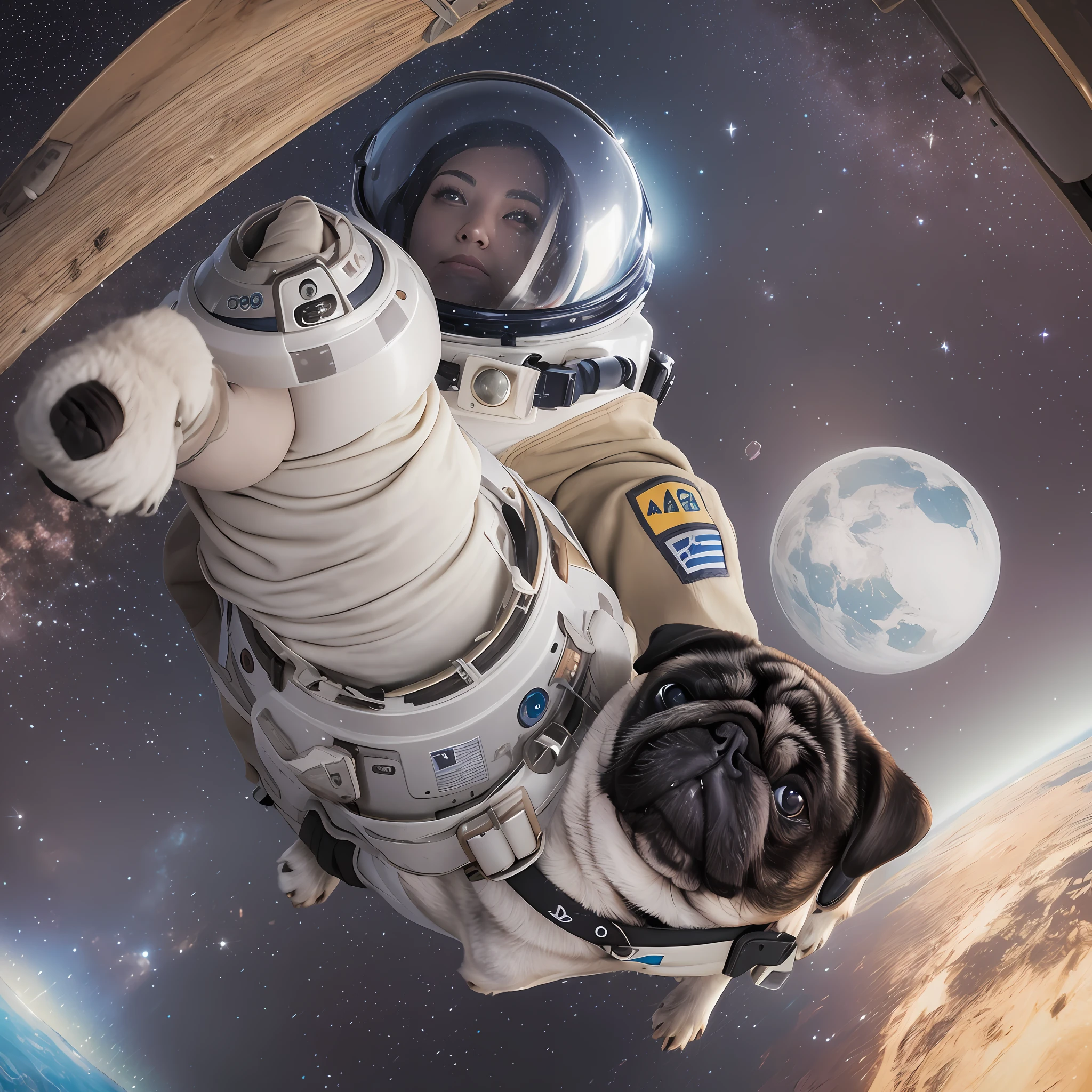 Woman spacewalking with her pug --auto --s2