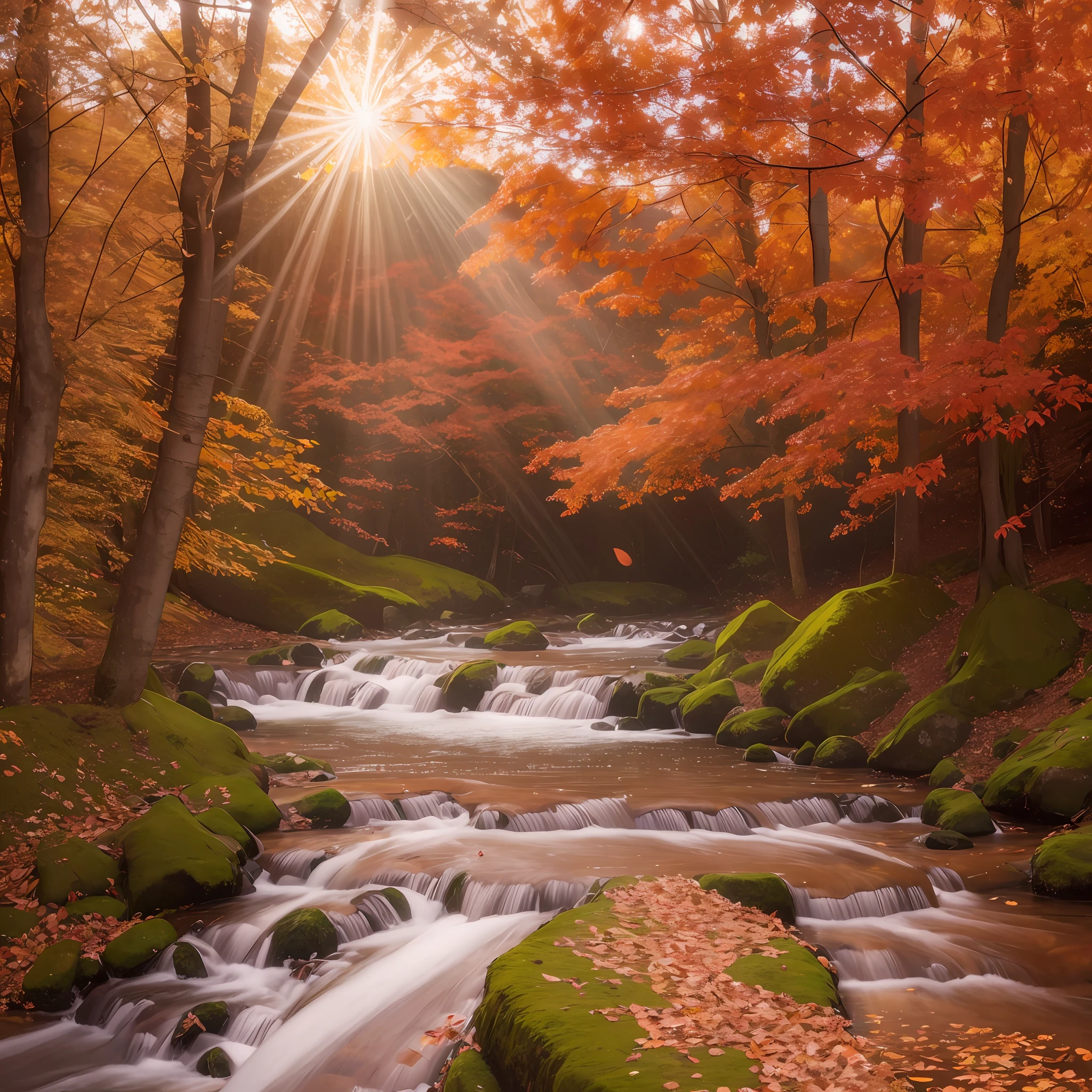 (Stream) passing between trees with (leaves of different reddish tones.) The rays of the sun passing between the trees. Photorealistic style, 8k, detailed, hyperdetailed, high quality