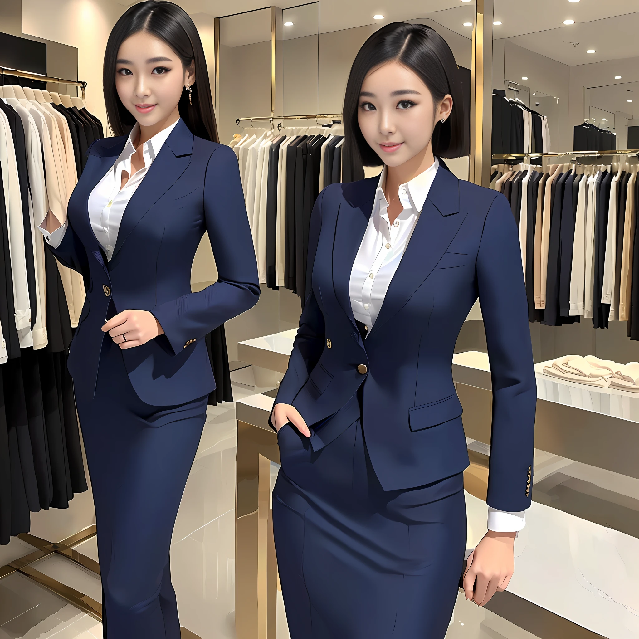 (Business women's clothing + multi-directional display + dark blue suit + all-round display + integrity, elegant female role), (calm + capable + confident), champagne color, dress property company professional wear, Chinese woman, black hair
