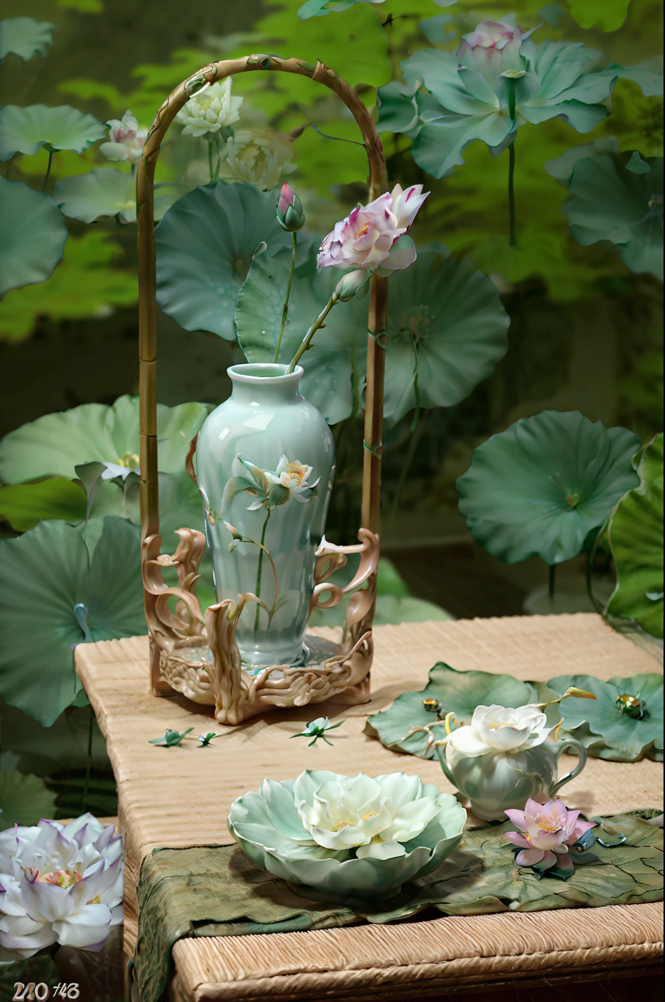 there is a small table with a vase and a plate with a flower, celadon glaze, dslr photo of a vase on a table, lotus, with celadon glaze, photo taken with nikon d 7 5 0, photo taken with nikon d750, porcelain, photo taken with sony a7r, afternoon, tea ceremony scene --auto --s2