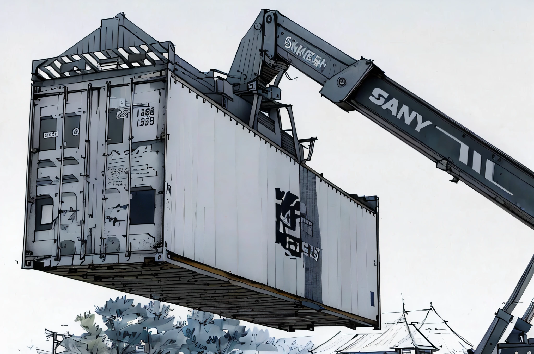 linear, gray, white background, simple background,sketch, sketch,pen_sketch_style,arafed crane lifting container onto truck with crane, shipping containers, high quality loading, crane, 1 6 x 1 6, it's very huge, Randy Post, heavy, exploitable image, crane shot, accurate and detailed, sitting in a crane, insanely detailed, very high resolution, extremely complex, it's very huge