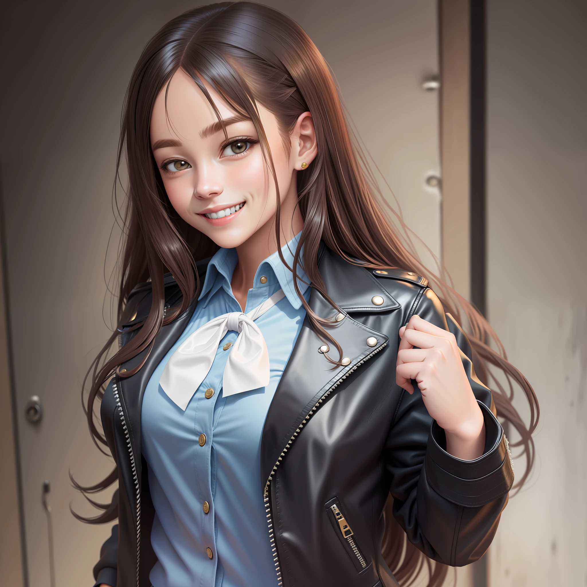 School Girl Uniform Leather Jacket Smile Top Quality Masterpiece Long Hair