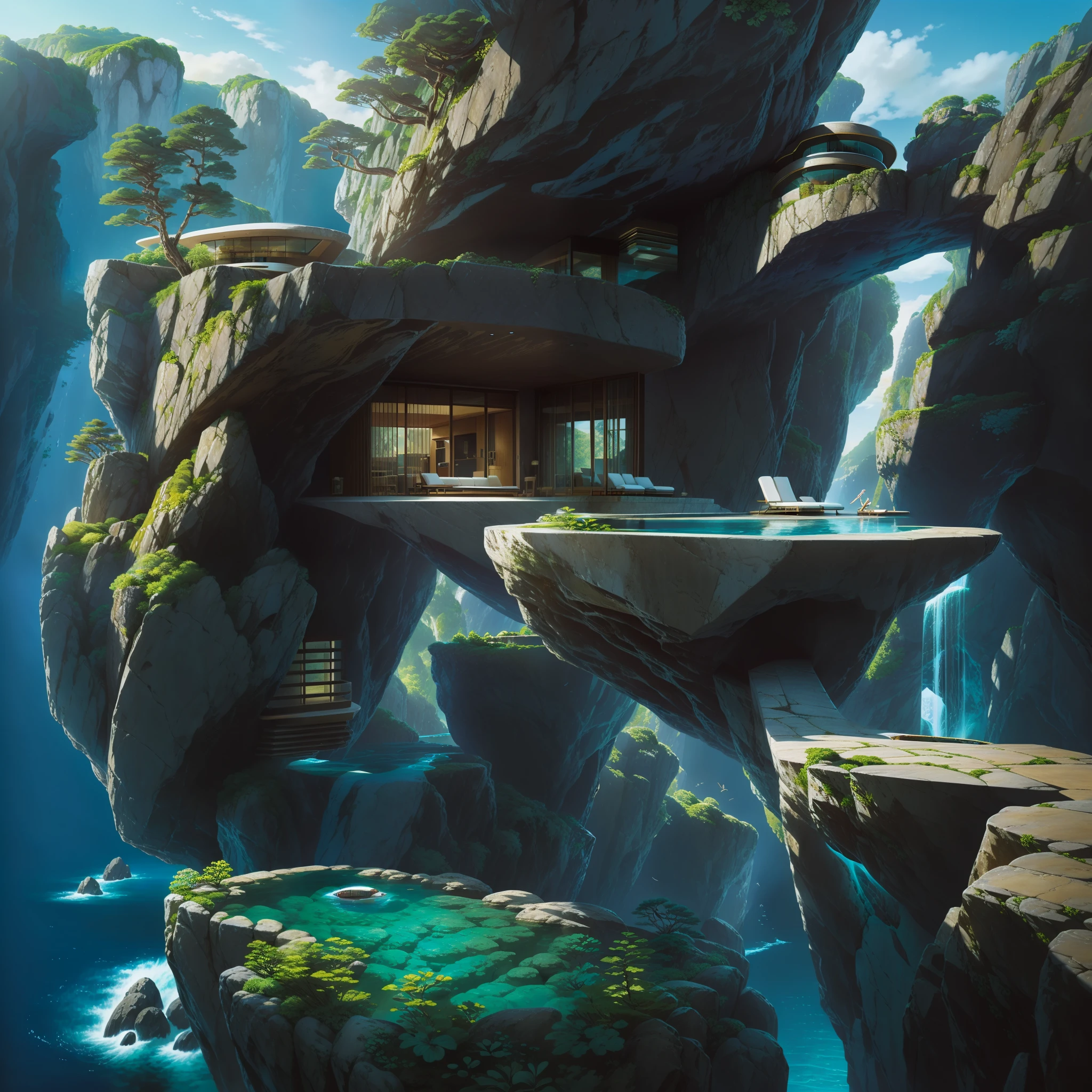 a modern futuristic design large cliff House's with a artificial waterfall and a pool in the middle, nature meets architecture, built around blue ocean, realistic beehive architecture, organic architecture, very close to real nature, breathtaking render, island with cave, stunning architecture, luxury architecture, realistic fantasy render, by Zha Shibiao, epic and stunning, architectural visualization, epic architecture, concept art. 8 k