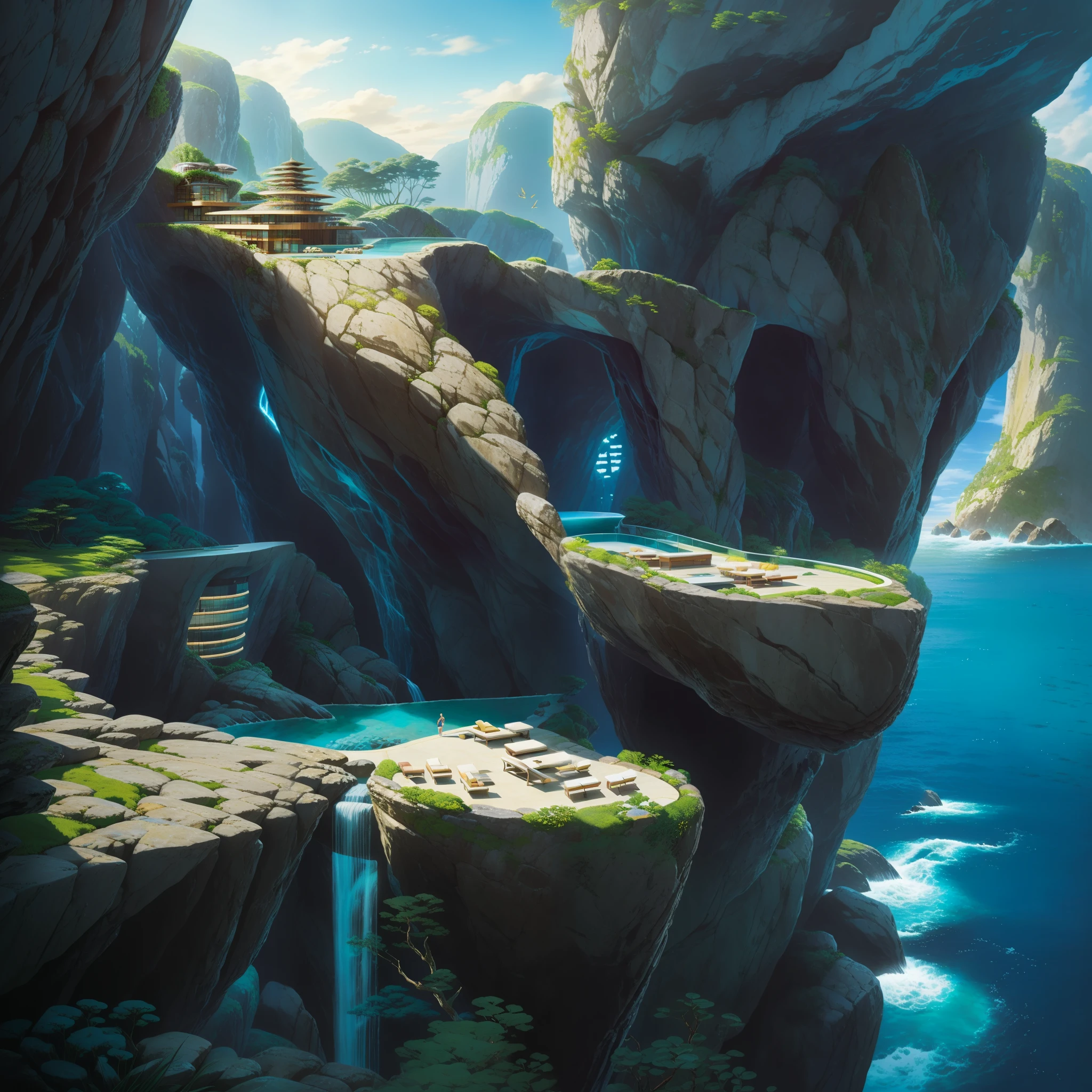 a modern futuristic design large cliff House's with a artificial waterfall and a pool in the middle, nature meets architecture, built around blue ocean, realistic beehive architecture, organic architecture, very close to real nature, breathtaking render, island with cave, stunning architecture, luxury architecture, realistic fantasy render, by Zha Shibiao, epic and stunning, architectural visualization, epic architecture, concept art. 8 k