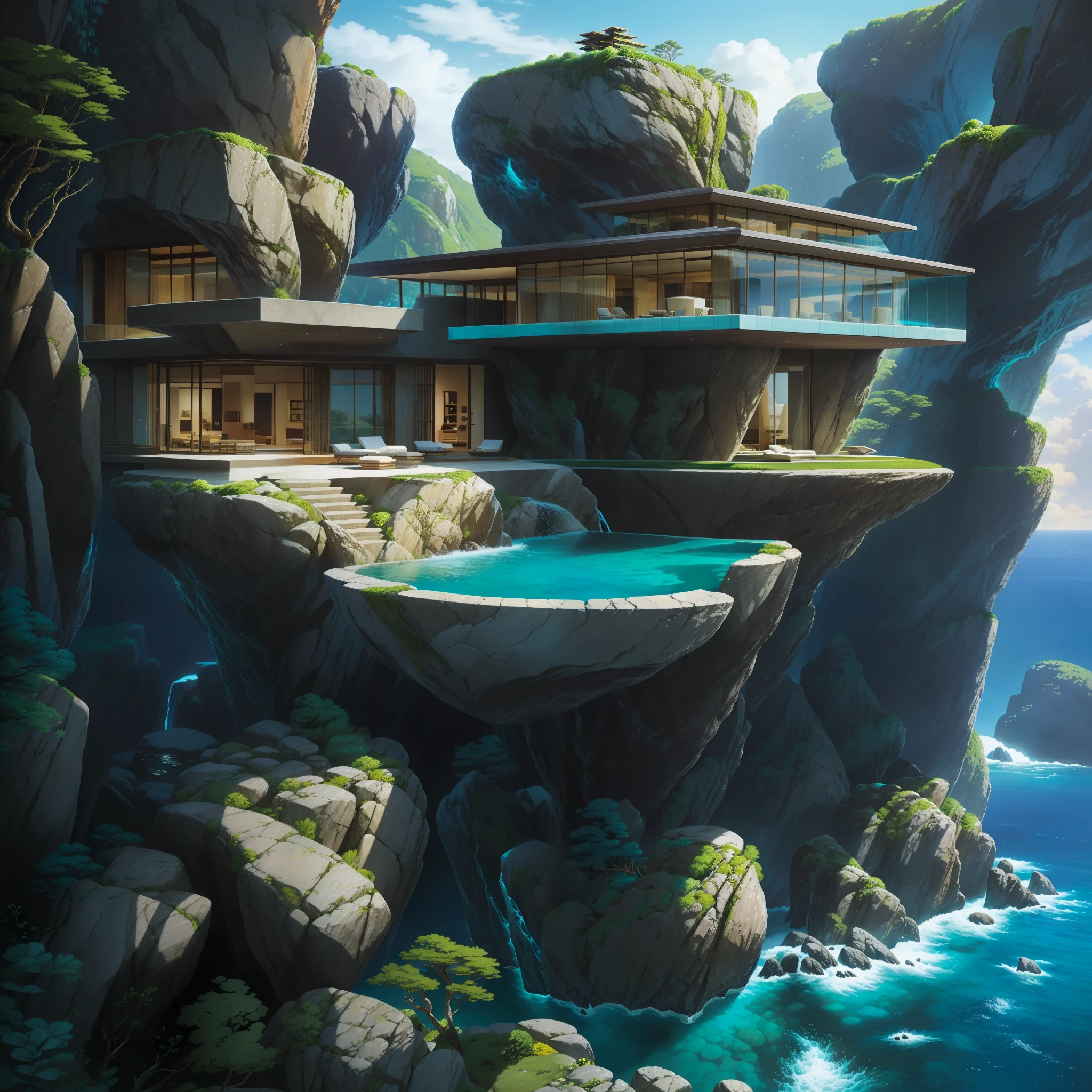 a modern futuristic design large cliff House's with a artificial waterfall and a pool in the middle, nature meets architecture, built around blue ocean, realistic beehive architecture, organic architecture, very close to real nature, breathtaking render, island with cave, stunning architecture, luxury architecture, realistic fantasy render, by Zha Shibiao, epic and stunning, architectural visualization, epic architecture, concept art. 8 k