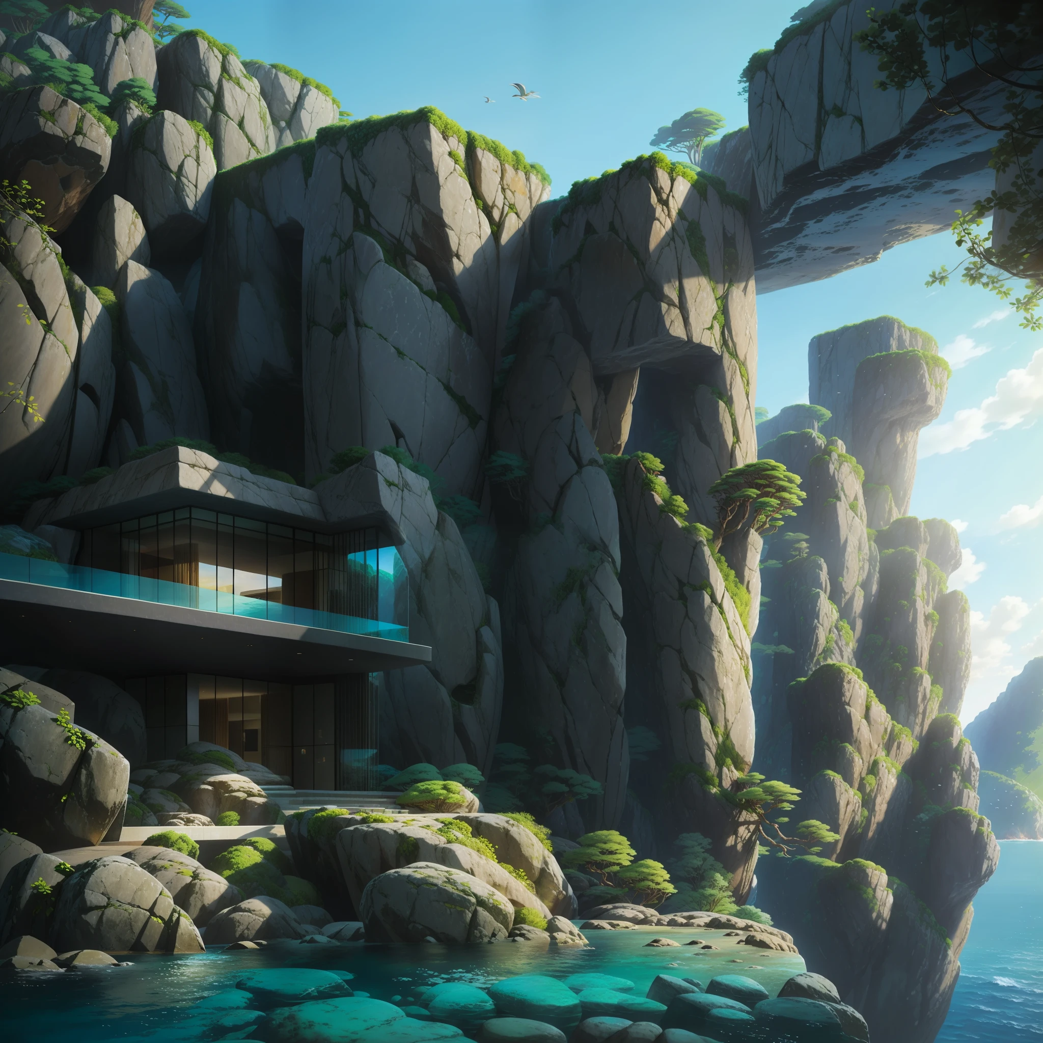 a modern futuristic design large cliff House's with a artificial waterfall and a pool in the middle, nature meets architecture, built around blue ocean, realistic beehive architecture, organic architecture, very close to real nature, breathtaking render, island with cave, stunning architecture, luxury architecture, realistic fantasy render, by Zha Shibiao, epic and stunning, architectural visualization, epic architecture, concept art. 8 k
