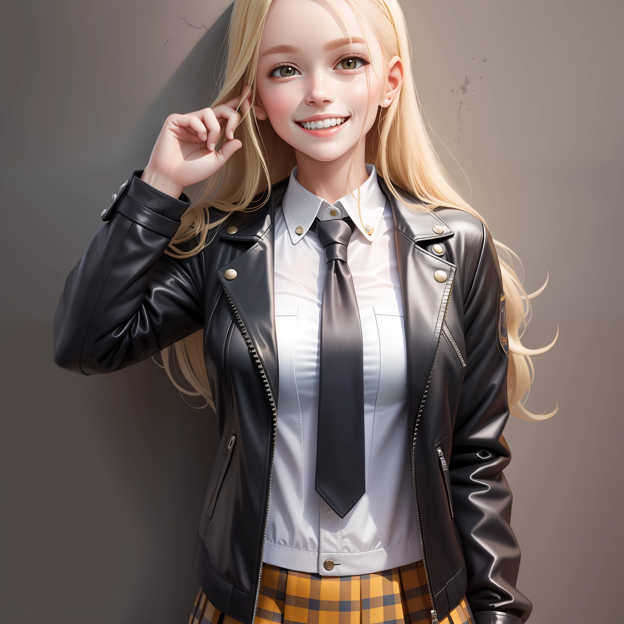school girl uniform leather jacket smile best quality masterpiece long hair blonde