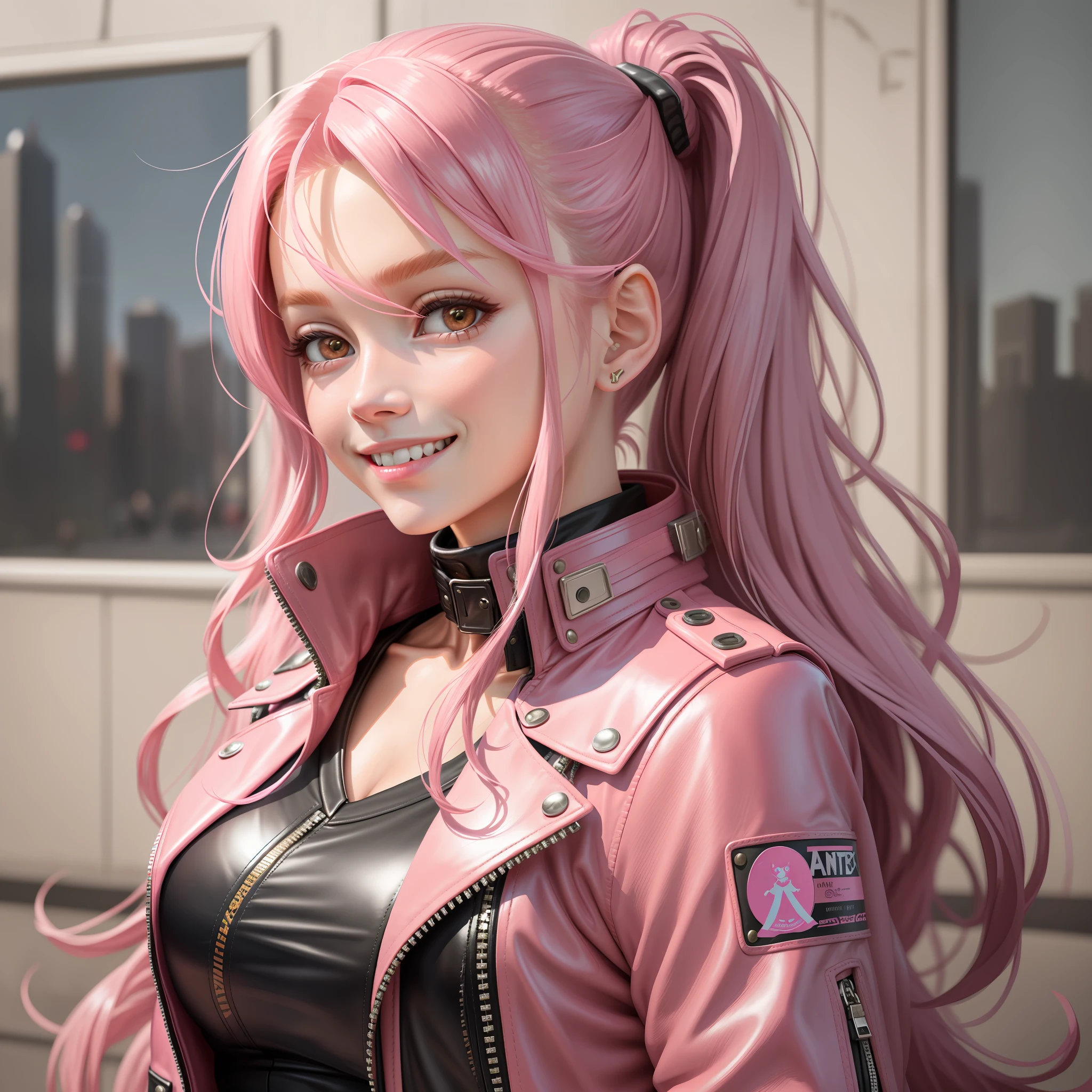 Girl Girl Uniform Leather Jacket Smile Best Quality Masterpiece Masterpiece Long Hair Pink Hair Ponytail