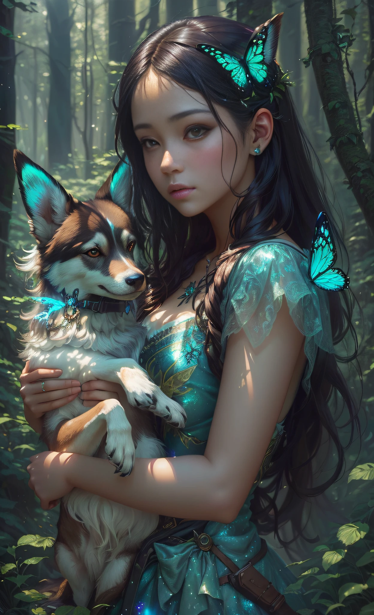 araffe girl in a fairy dress holding a dog in a forest, fantasy art style, digital fantasy art ), wlop and ross tran, artwork in the style of guweiz, ross tran 8 k, beautiful fantasy art, trending digital fantasy art, beautiful digital artwork, 8k high quality detailed art, ross tran and wlop, by Yang J