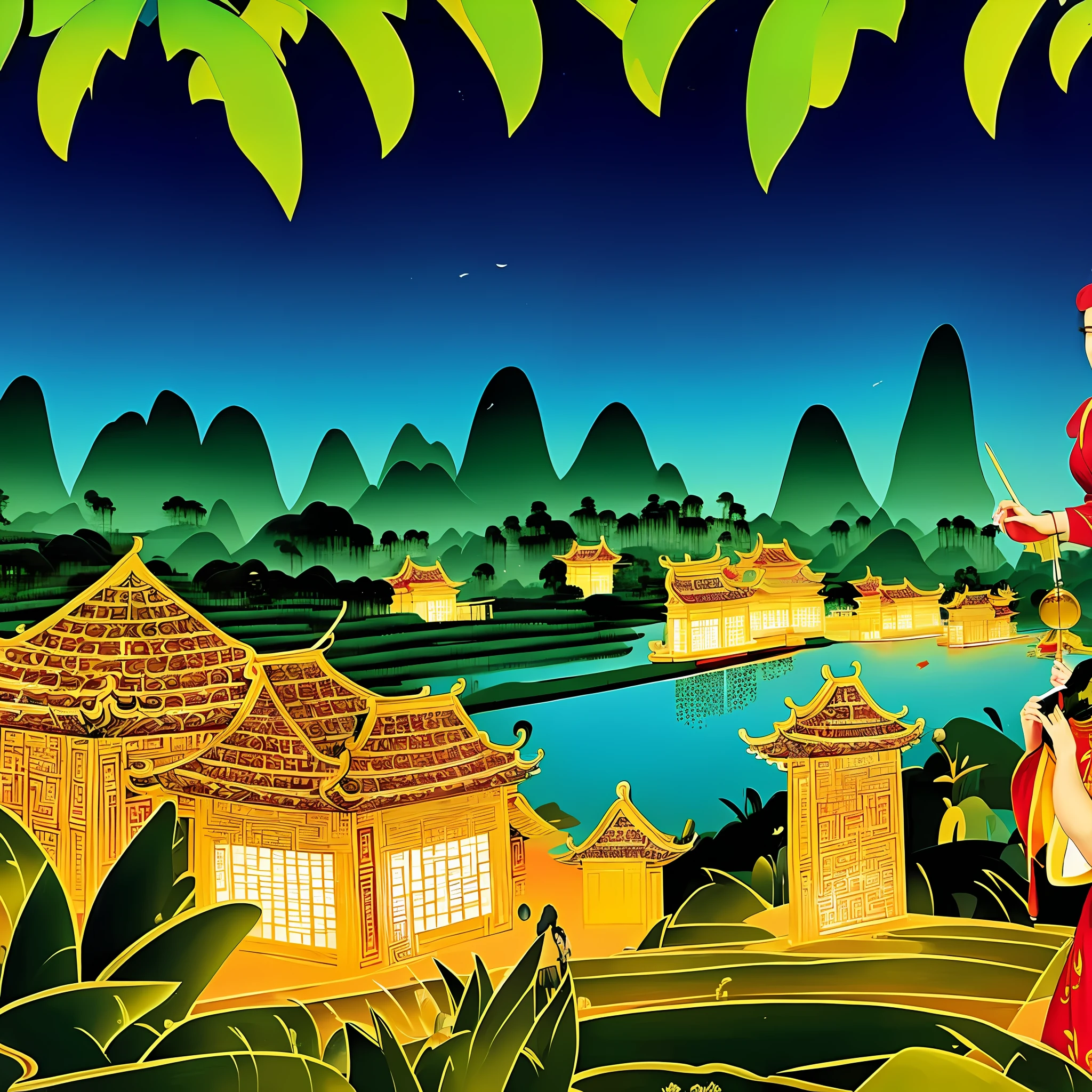 there is a painting of a woman standing in front of a lake, chinese village, dreamland of chinese, scenery art detailed, beautiful render of tang dynasty, chinese style painting, nightime village background, chinese fantasy, chinese landscape, journey to the west. pop art, ancient china art style, amazing wallpaper, vibrant tourism poster, old asian village, oriental wallpaper