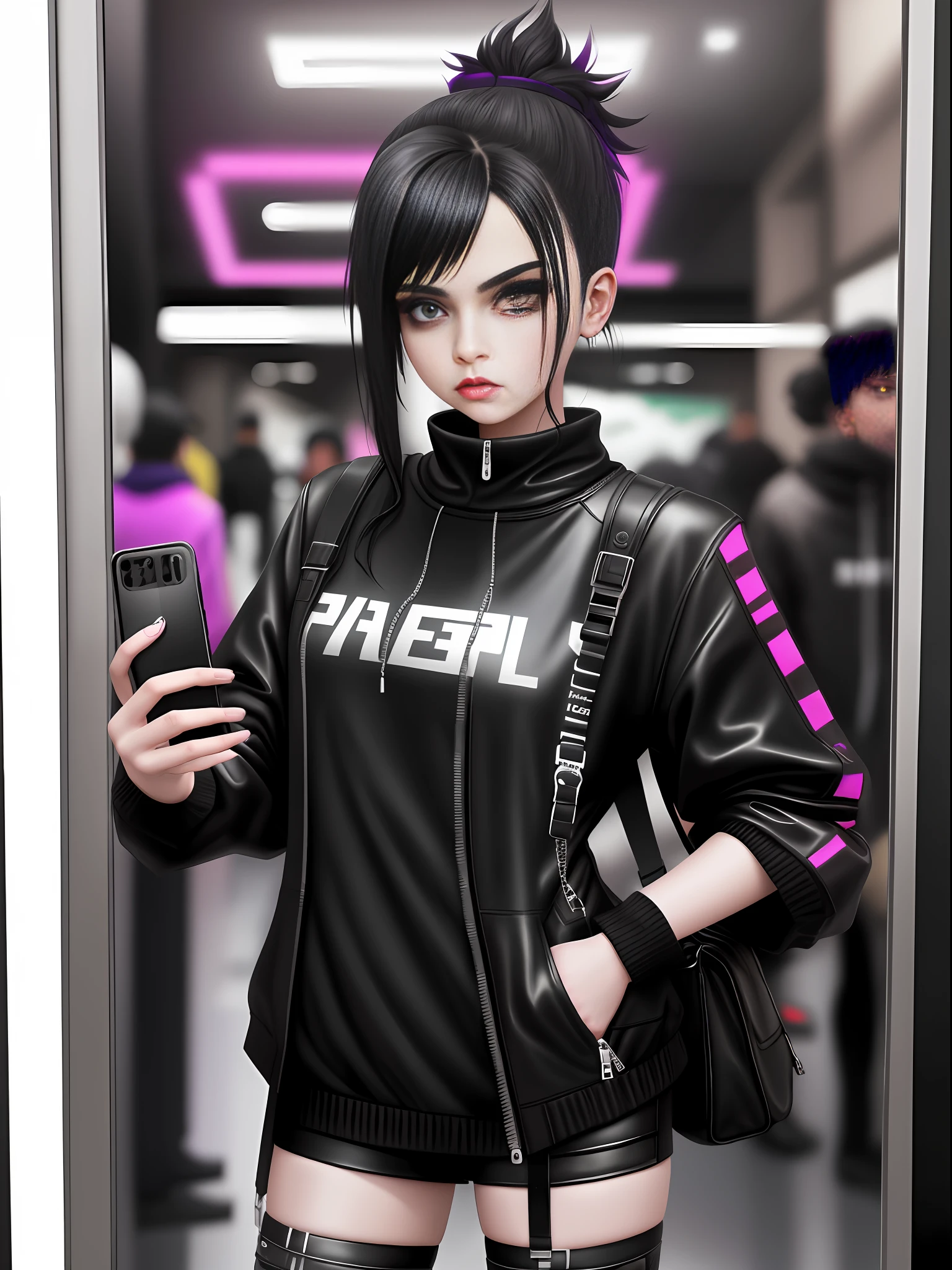 araffe girl with black hair taking a selfie in a mirror, goth girl aesthetic, goth aesthetic, cybergoth, goth girl, cyber punk setting, darkwave goth aesthetic, mall goth, 20 - year - old goth girl, goth vibe, pastel goth aesthetic, goth punk clothes, goth style, all black cyberpunk clothes, neo goth, outfit photo, gothcore,face detailed,hands detailed, masterpiece,face detailed,phone detailed,fingers detailed,body detailed,eyes detailed,