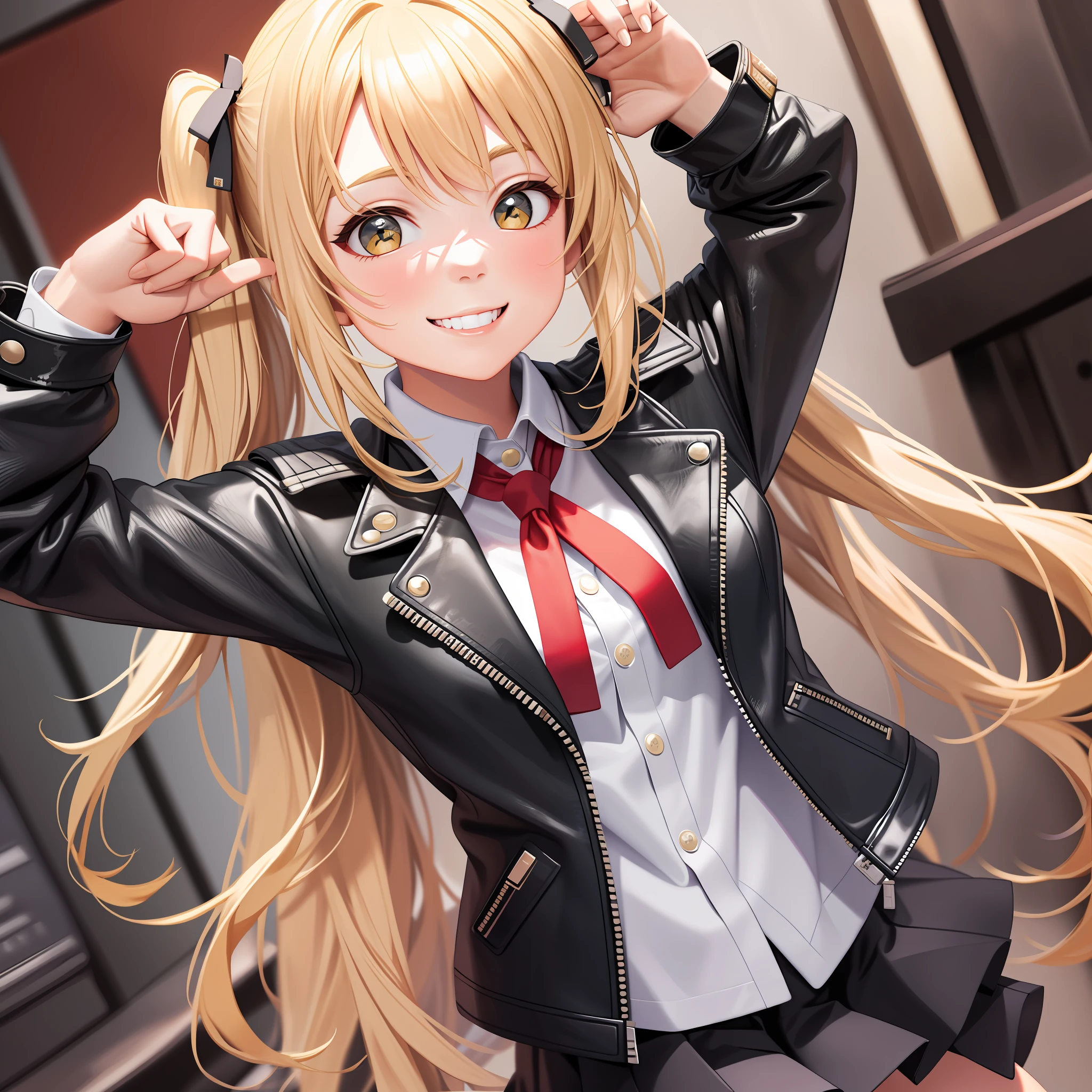 school girl uniform leather jacket smile top quality masterpiece long hair blonde twin tails