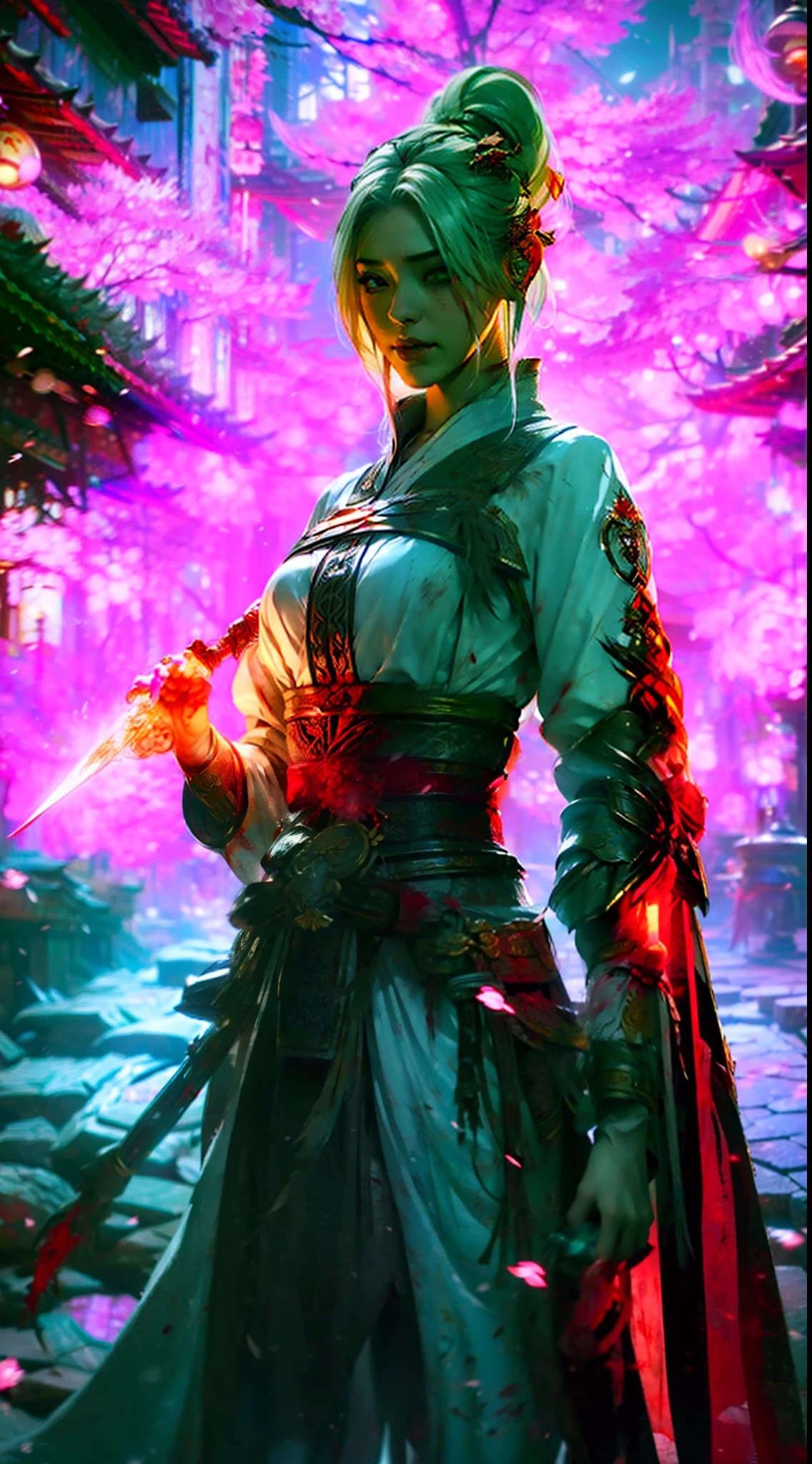 A charming banshee, with her back to the camera, flowing white hair, blood-red cherry blossoms falling, holding a blood-stained blade in her hand, 8k, cinematic lighting, fierce eyes, anger