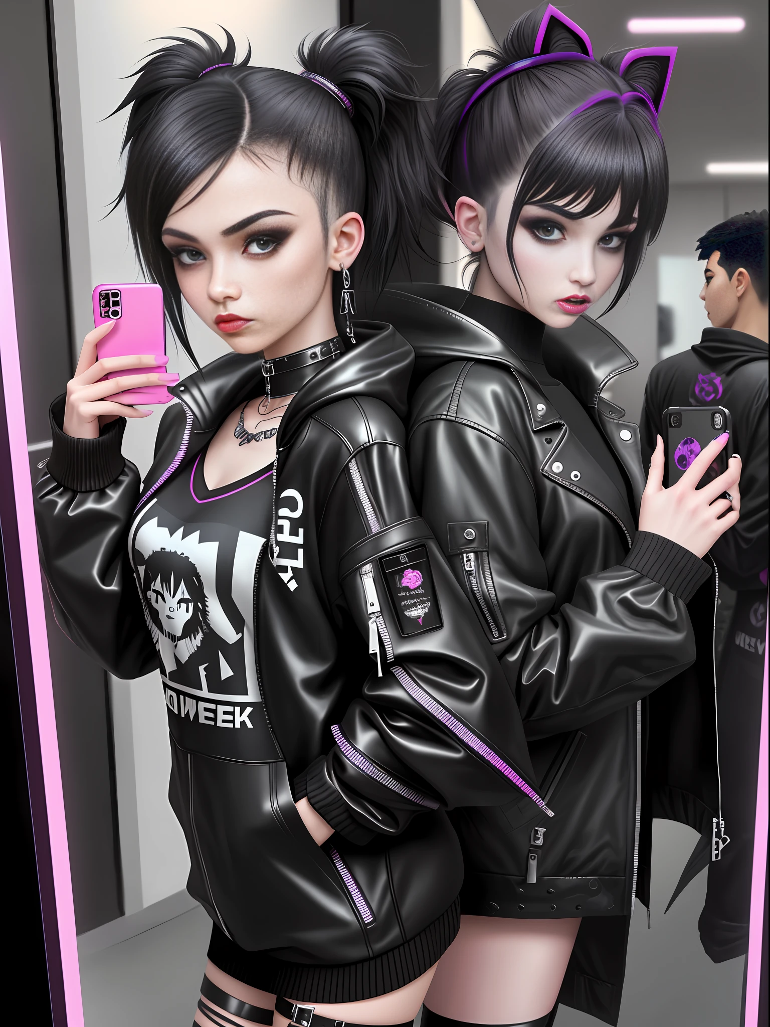 araffe girl with black hair taking a selfie in a mirror, goth girl aesthetic, goth aesthetic, cybergoth, goth girl, cyber punk setting, darkwave goth aesthetic, mall goth, 20 - year - old goth girl, goth vibe, pastel goth aesthetic, goth punk clothes, goth style, all black cyberpunk clothes, neo goth, outfit photo, gothcore,face detailed,hands detailed, masterpiece,face detailed,phone detailed,fingers detailed,body detailed,eyes detailed,
