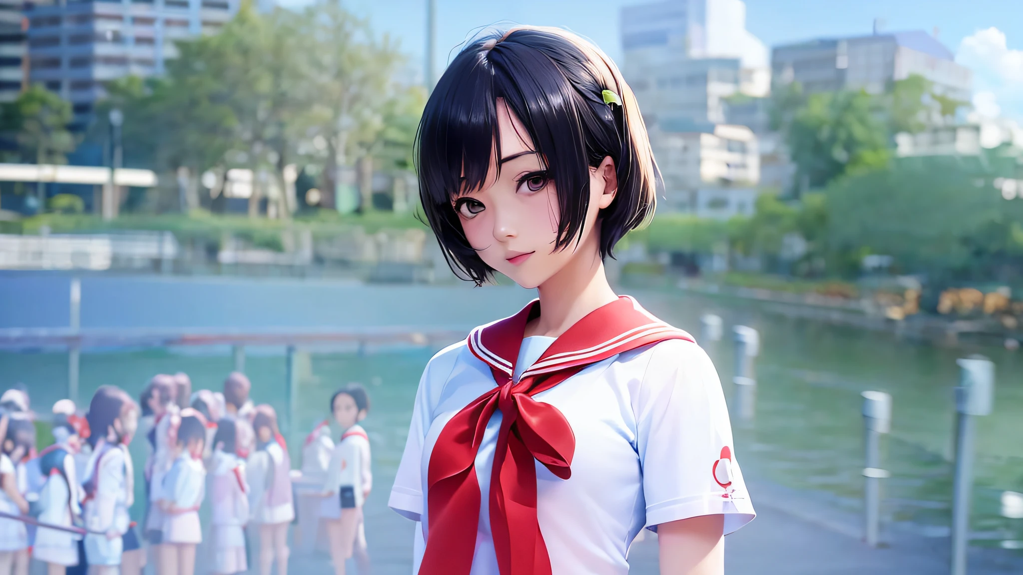 there is a woman in a sailor suit posing for a picture, chiho, seifuku, shikamimi, rin, wearing japanese school uniform, shiori teshirogi, iwakura lain, with short hair, narumi kakinouchi, close up iwakura lain, harumi, japanese school uniform, rei hiroe, sayori