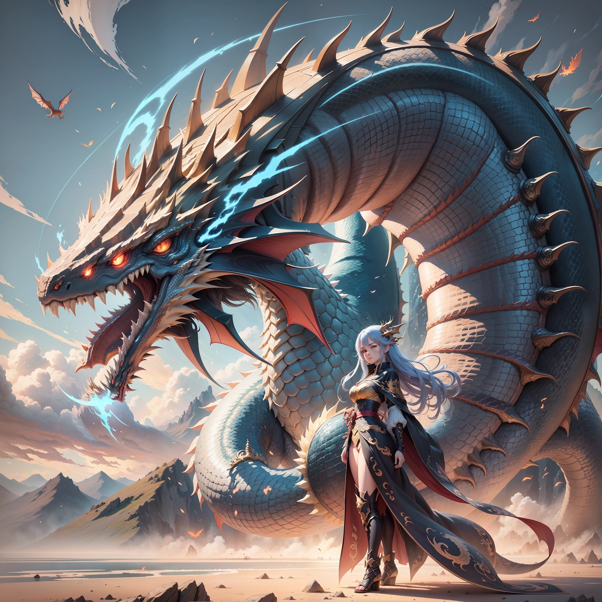 anime art of a woman standing in front of a dragon, by Yang J, majestic japanese dragon, trending on artstation pixiv, colossal dragon in background, chinese dragon concept art, high detailed official artwork, anime epic artwork, colossal dragon as background, anime fantasy illustration, loong, by Ryan Yee, by Victor Wang, 2. 5 d cgi anime fantasy artwork --auto --s2