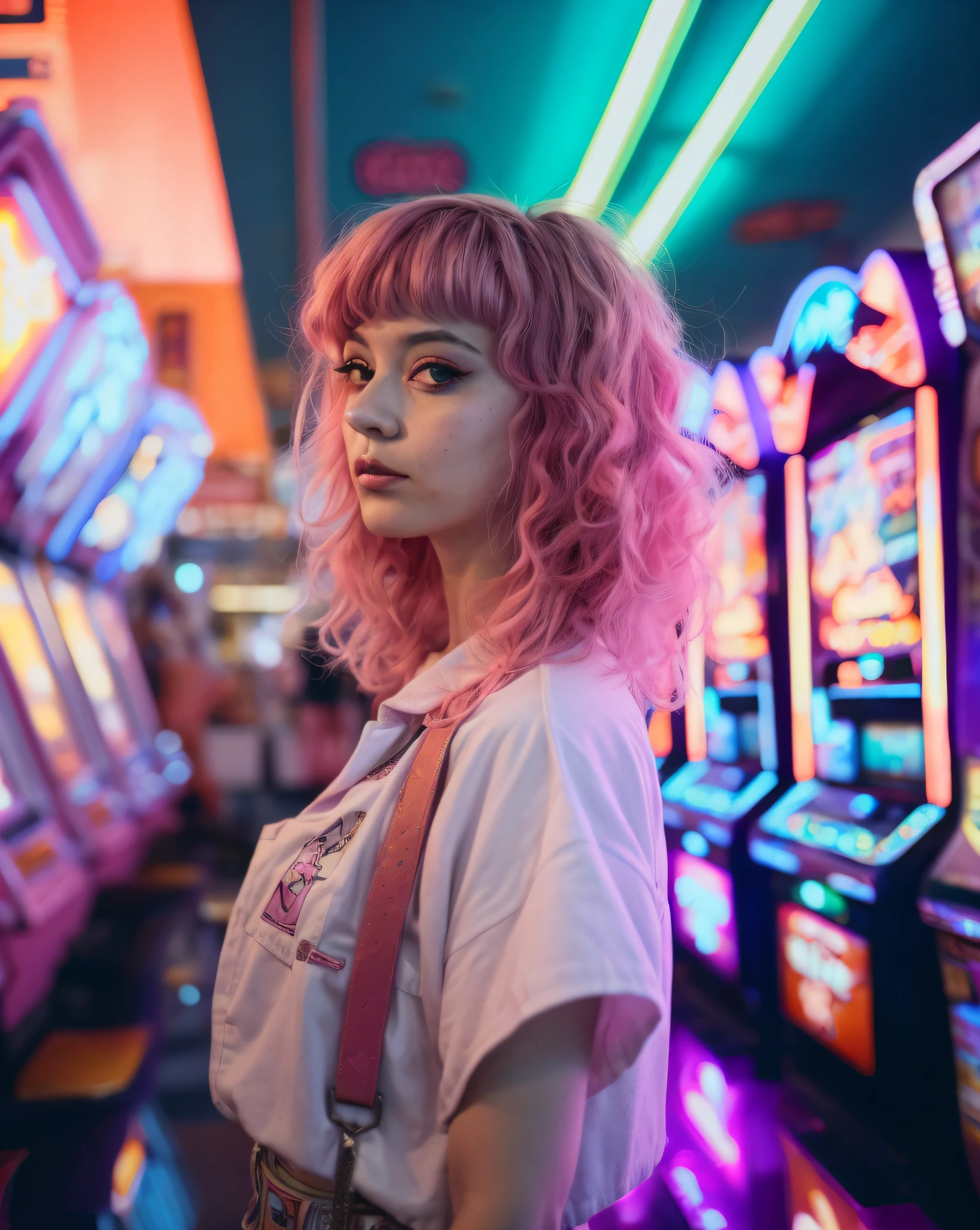 arafed woman with pink hair standing in front of slot machines, dreamy colorful cyberpunk colors, retro pink synthwave style, pastel synthwave, synthwave aesthetic, retro-wave vibes, dreamy cyberpunk girl, cyberpunk vibe, aesthetic cyberpunk, pink neon lights, cyberpunk vibes, lofi girl aesthetic, 8 0 s anime vibe, cyberpunk with neon lighting, lofi girl