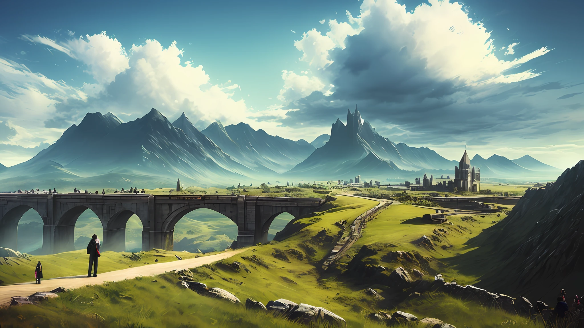 ConceptArt, landscape, person, outdoors, clouds, sky, castle, bridge, grass, tower, building, mountains, cloudy sky, scenery, day, Exodus_Style