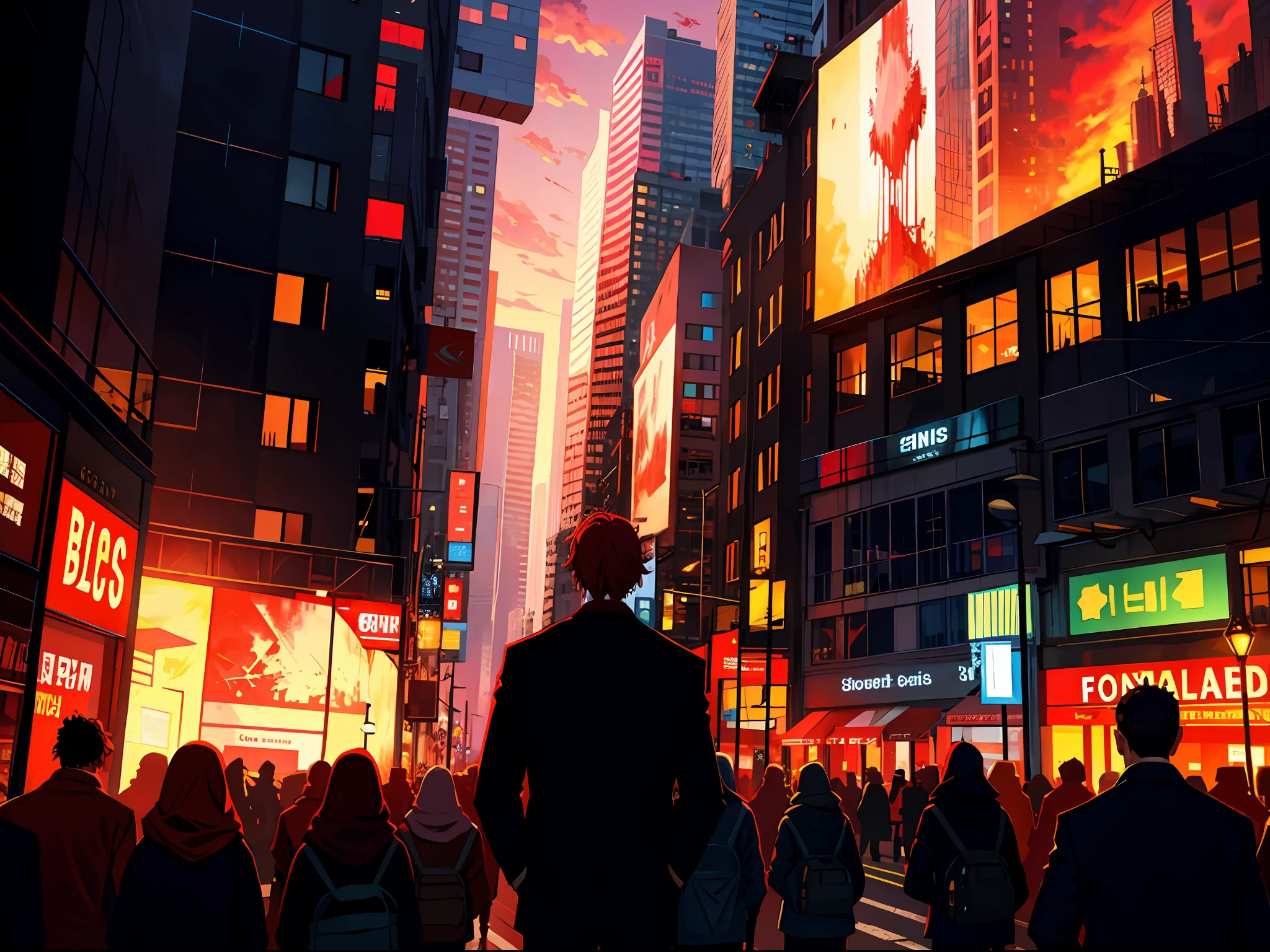High resolution, highest quality, illustrations, super detailed, blood red sky with a spatial crack, city, street crowd of terrified crowds