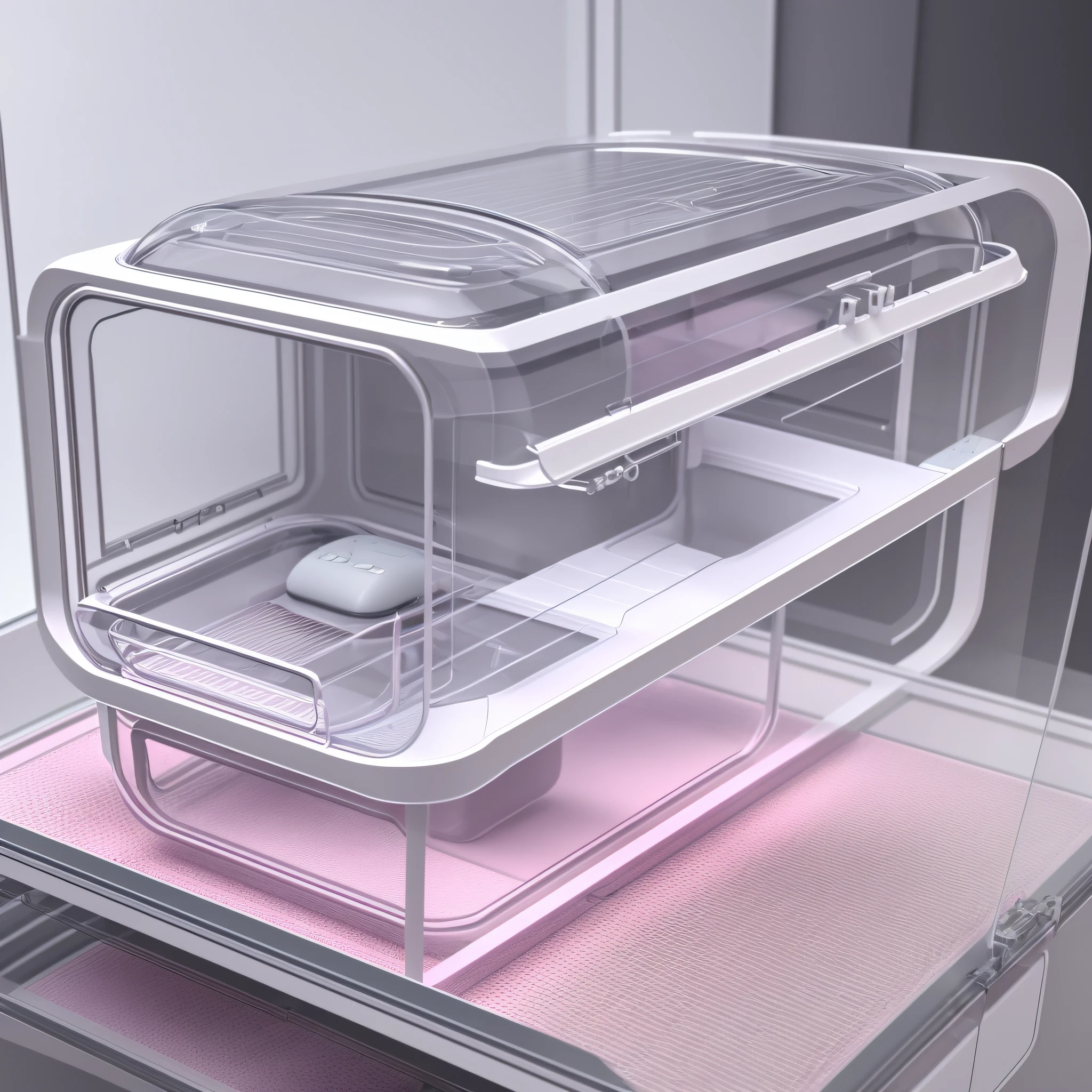 transparent, pet, flight crate, safety, comfort, durability, material, structure, lock, vents, feeding opening, portable, cleaning There is a pink and white pet crate with a lid on it, incubator Medpods, Karim Rashid, futuristic product design, product design lens, #micro, #微型, product design rendering, by Kurt Roesch, innovative product concept, Y2K design, medium view, 3D product rendering, nano, product design concept, (Snow), breathtaking--s --auto --s2