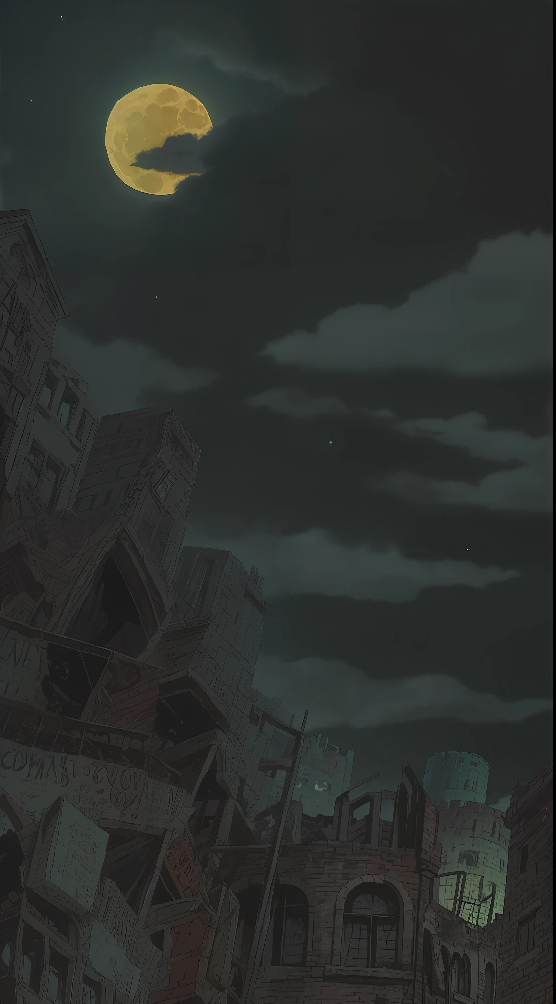 There is a picture of a city with a clock tower in the middle, in a ruined cityscape, destroyed cityscape, outdoor ruined cityscape, a city in ruins in the background, a post-apocalyptic city, a post-apocalyptic view, a destroyed city, an apocalyptic city, a post-apocalyptic city, a ruined city in the background, An abandoned dystopian city, gloomy, night, moon in the sky,