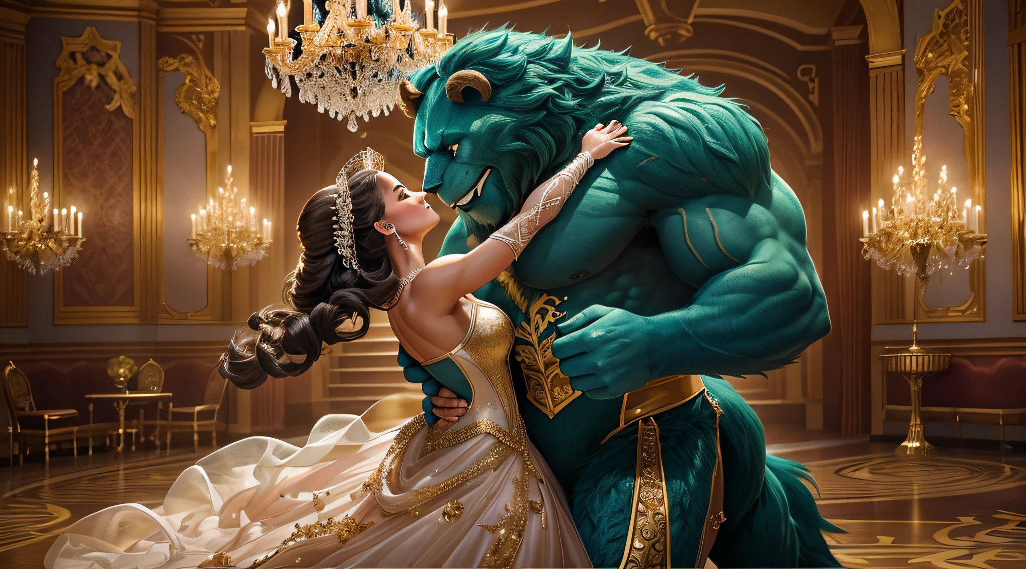 A captivating photograph that captures the essence of a woman and the Disney Beast dancing together in a timeless embrace, reminiscent of Disney's enchanting days in the 90s. The woman is dressed in an elegant ball gown, exuding grace and beauty, while the Beast, a muscular, hairy monster is depicted in his majestic, transformed state, exuding a mixture of strength and brutality. The photograph is taken in a large ballroom with sparkling chandeliers overhead, creating a magical atmosphere. The lighting is soft, accentuating their movements and highlighting their joyful, romantic expressions. The photo captures the classic Disney aesthetic with vibrant colours and a touch of nostalgia, bringing the beloved characters and their iconic dance to life in a high-quality, visually stunning way. The shot was taken using a professional DSLR camera and prime lens (50mm or 85mm) to capture the intricate detail and depth of field, emphasising the bond between the two characters.