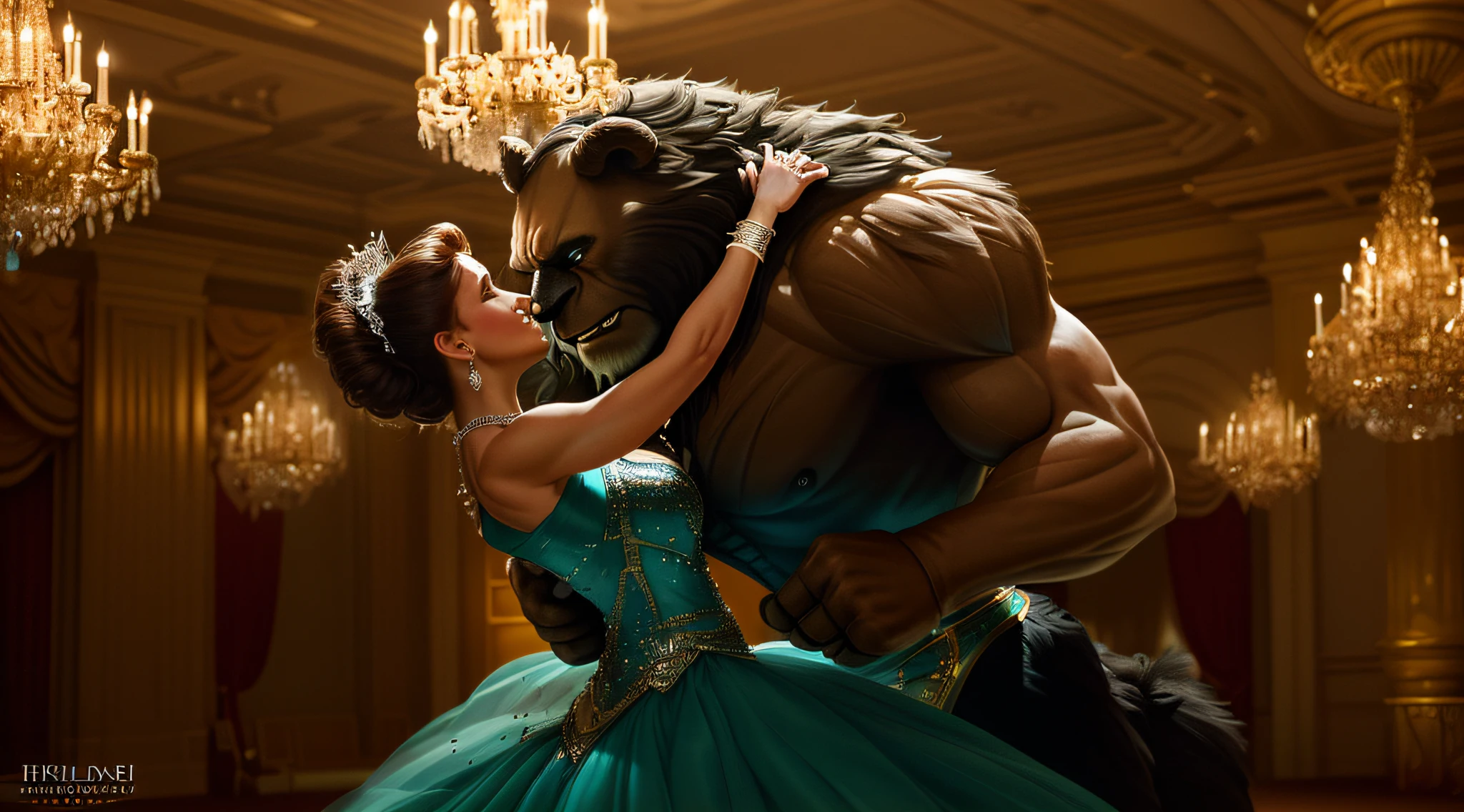 A captivating photograph that captures the essence of a woman and the Disney Beast dancing together in a timeless embrace, reminiscent of Disney's enchanting days in the 90s. The woman is dressed in an elegant ball gown, exuding grace and beauty, while the Beast, a muscular, hairy monster is depicted in his majestic, transformed state, exuding a mixture of strength and brutality. The photograph is taken in a large ballroom with sparkling chandeliers overhead, creating a magical atmosphere. The lighting is soft, accentuating their movements and highlighting their joyful, romantic expressions. The photo captures the classic Disney aesthetic with vibrant colours and a touch of nostalgia, bringing the beloved characters and their iconic dance to life in a high-quality, visually stunning way. The shot was taken using a professional DSLR camera and prime lens (50mm or 85mm) to capture the intricate detail and depth of field, emphasising the bond between the two characters.