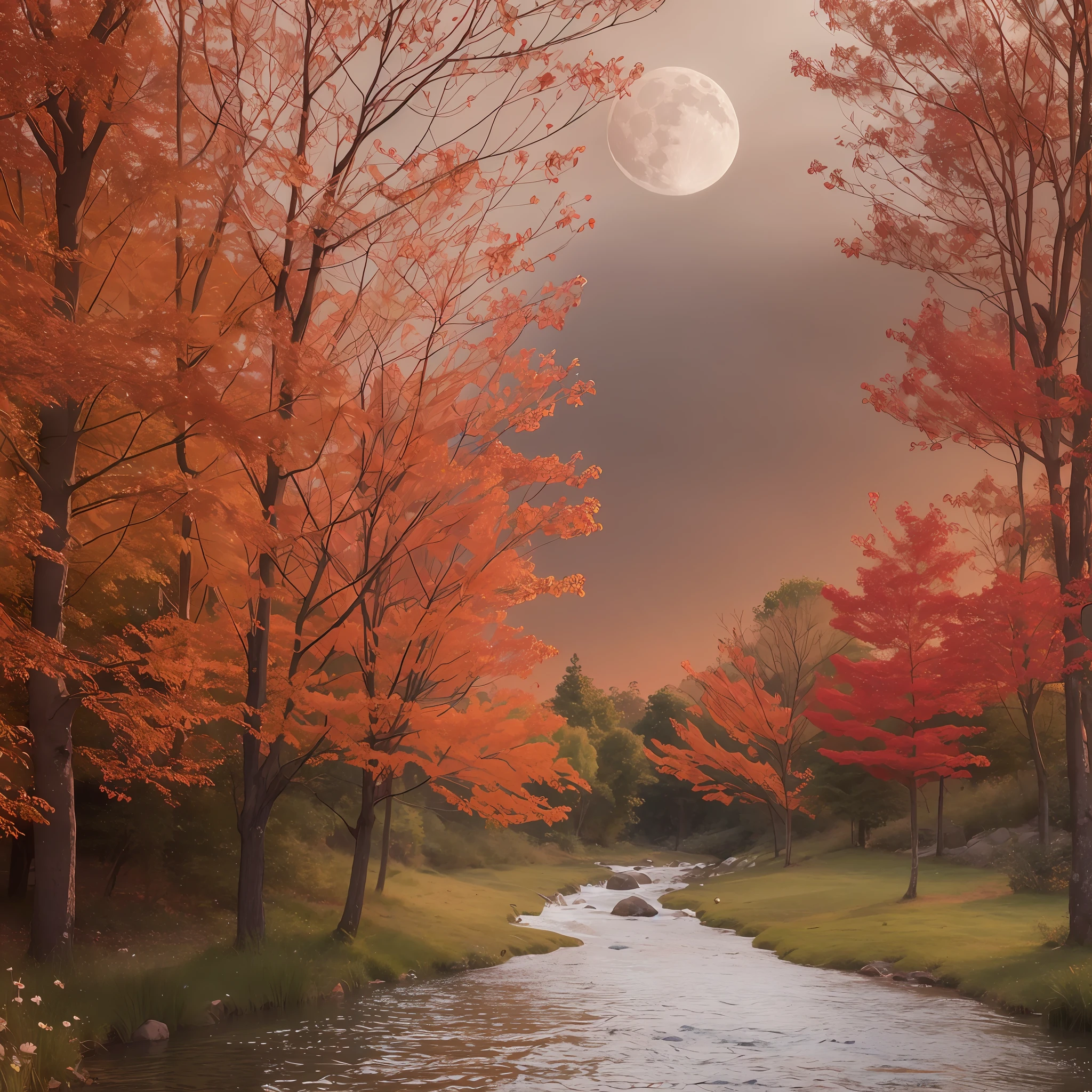 (Stream) passing between trees with (leaves of different reddish shades.) at night The rays of the moon passing between the trees. Photorealistic style, 8k, detailed, hyperdetailed, high quality