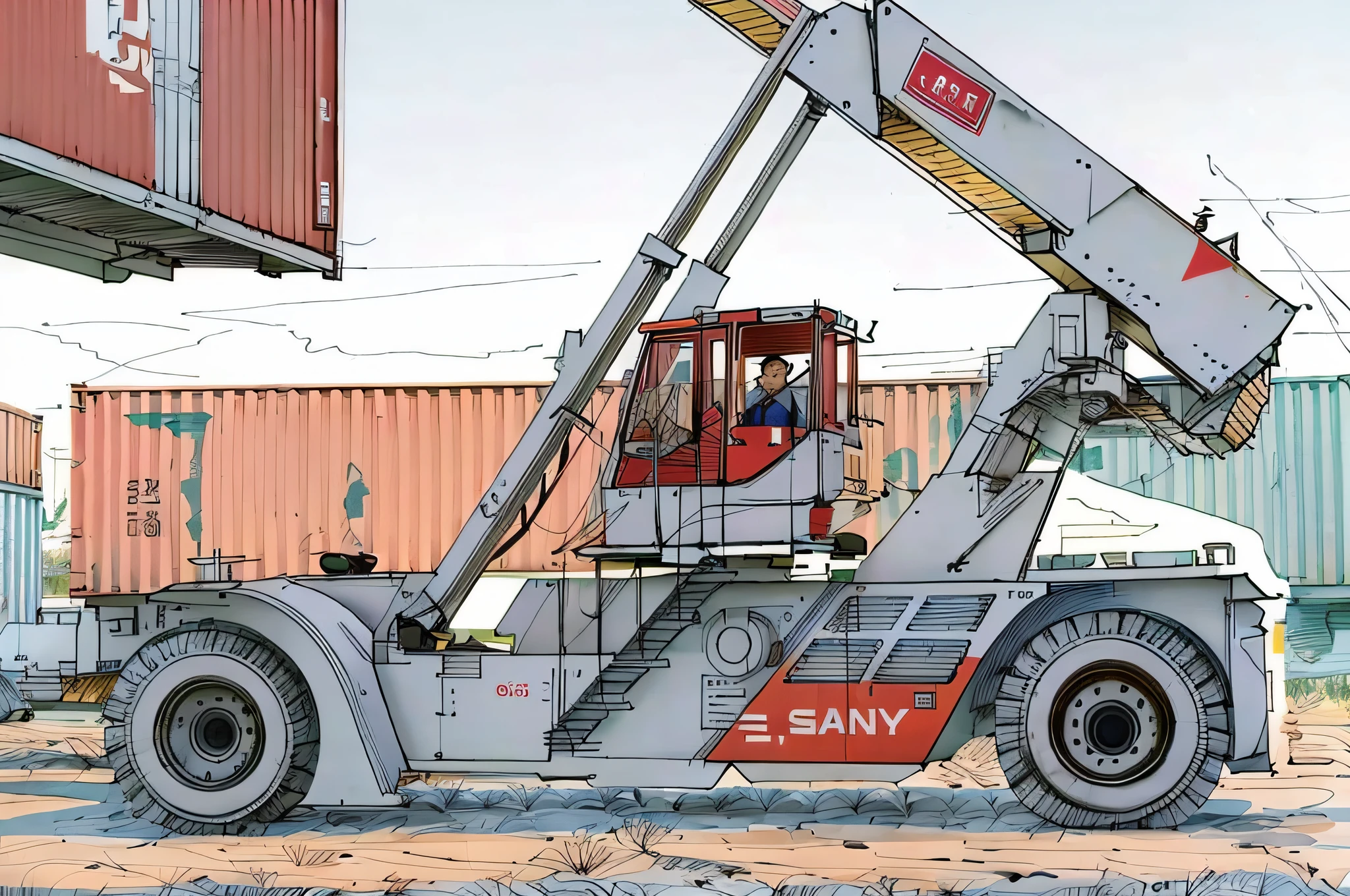 linear, gray, white background, simple background,sketch, sketch,pen_sketch_style,Arafed forklift with red crane on the back, heavy machinery, shipping containers, heavy, crane, Kenny Shar, ready, photo taken from afar, photo taken in 2018, 2045, sandy, very consistent, detailed zoom photo, 3 4 5 3 1, bottom view, side view, full front view