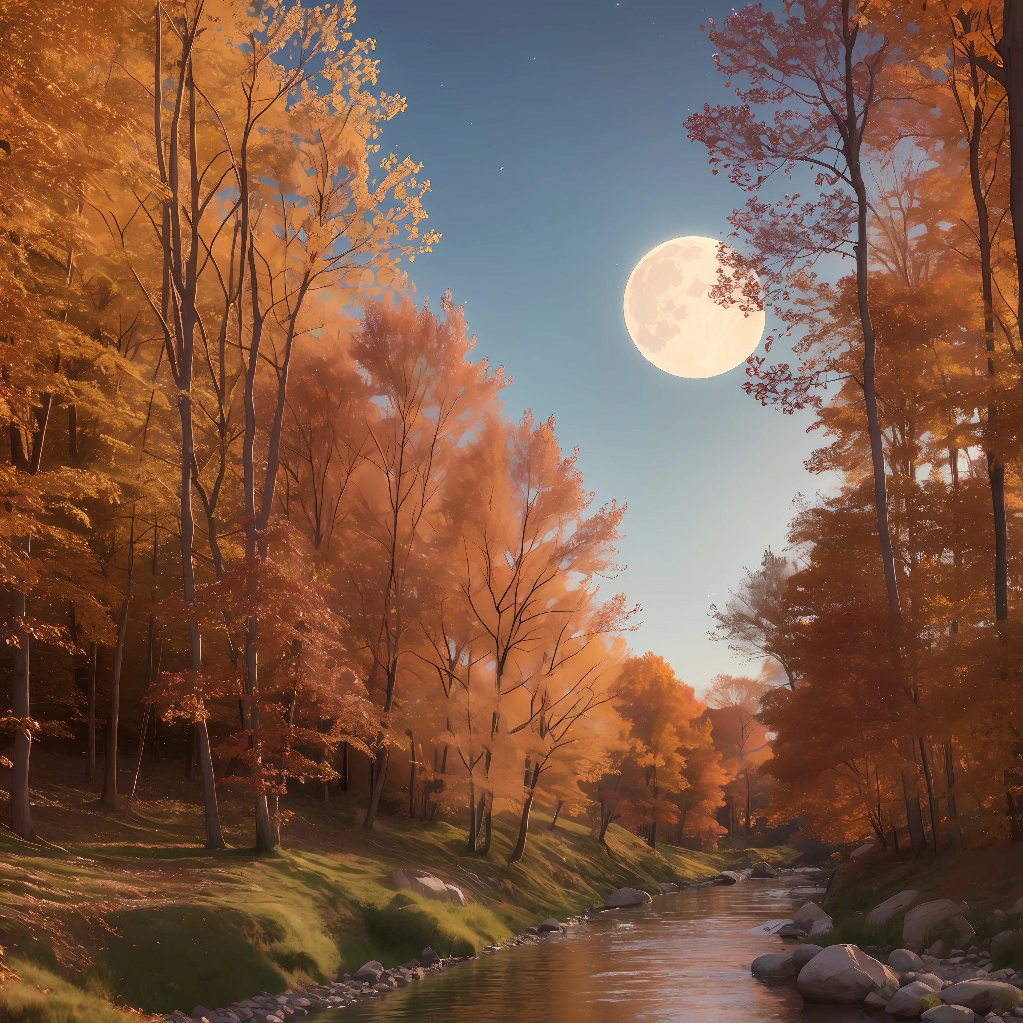 (Stream) passing between trees with (leaves of different reddish shades.) at night The rays of the moon passing between the trees. Photorealistic style, 8k, detailed, hyperdetailed, high quality