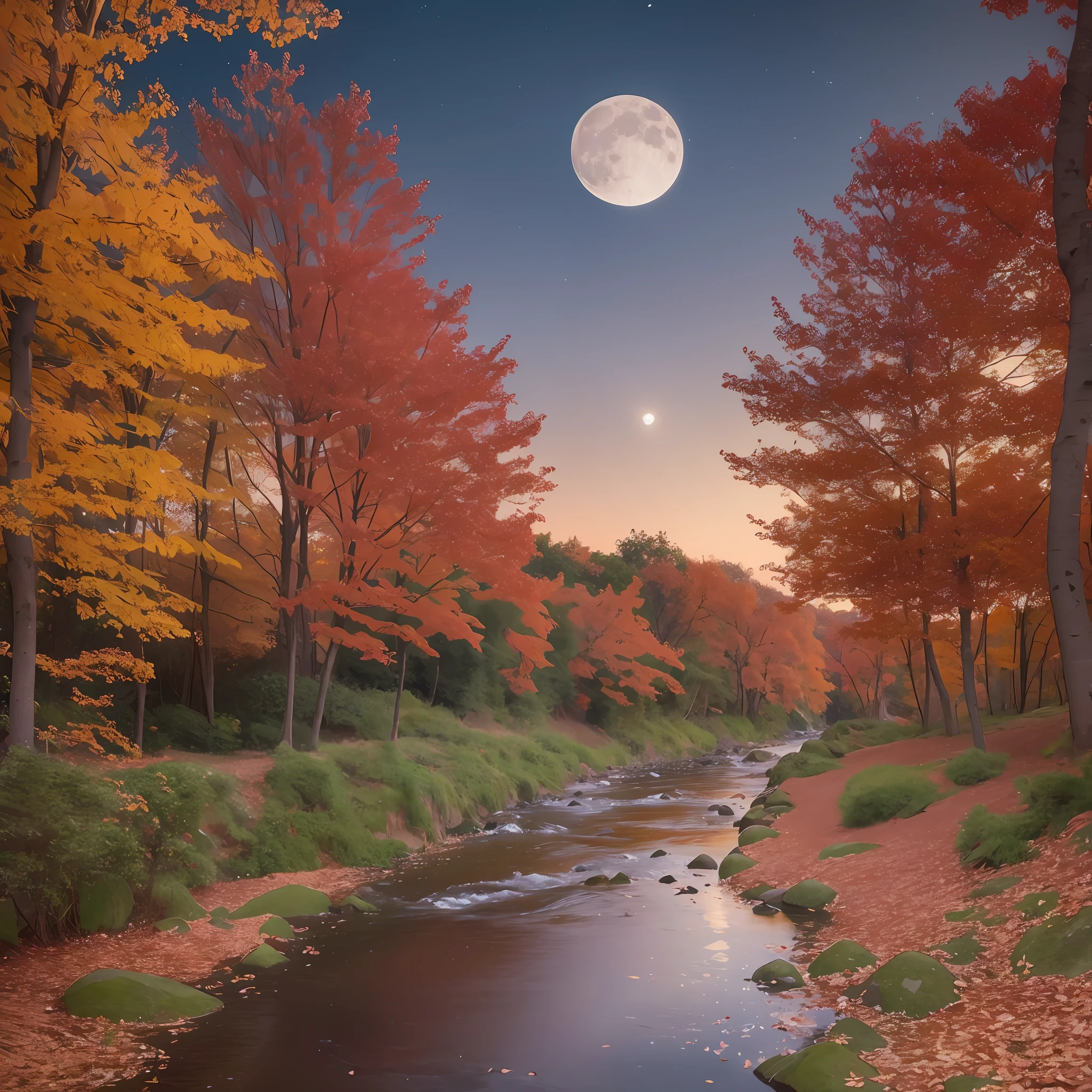 (Stream) passing between trees with (leaves of different reddish shades.) at night The rays of the moon passing between the trees. Photorealistic style, 8k, detailed, hyperdetailed, high quality