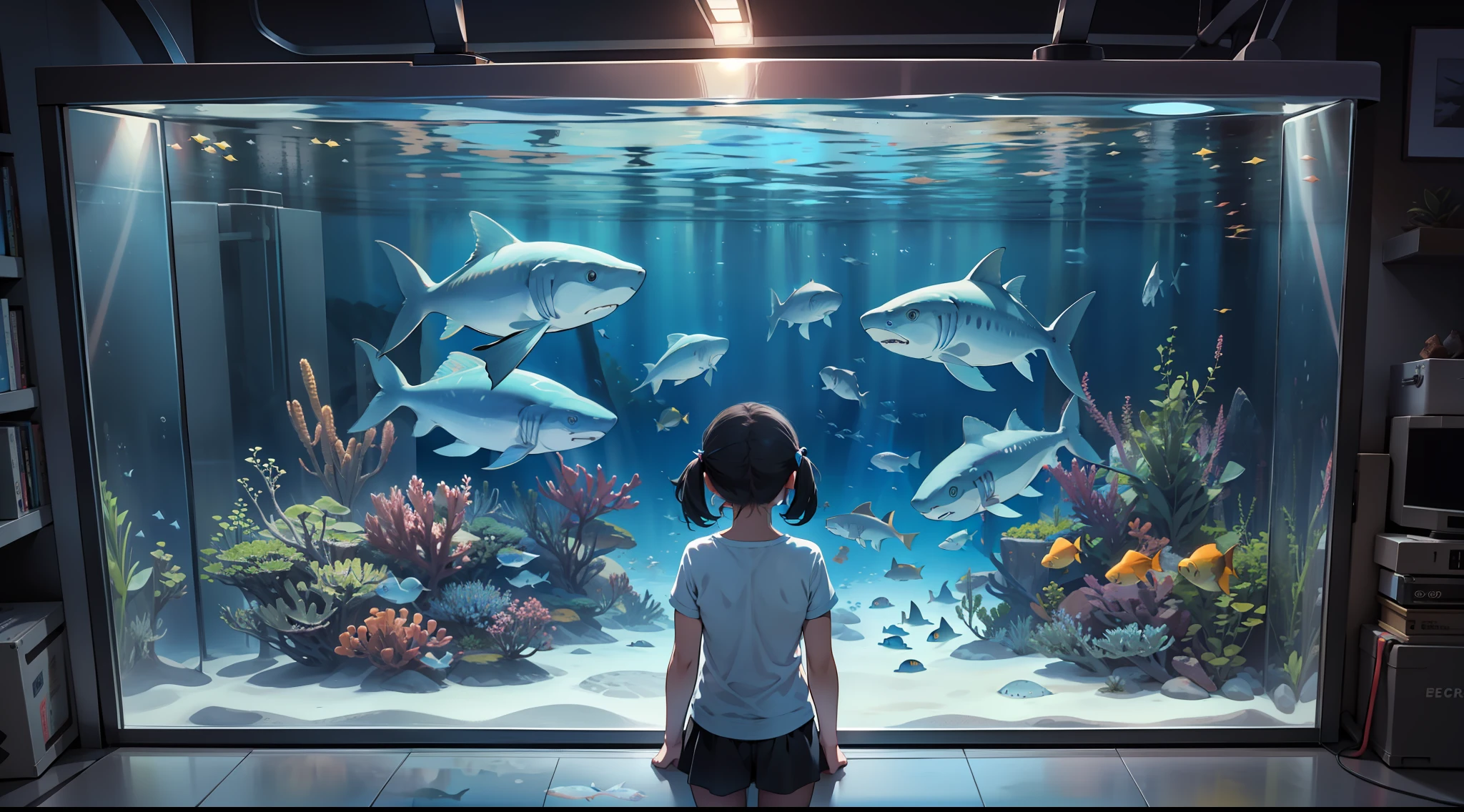 ultrafine image, 4K, 8K, big aquarium, big tank with sharks swimming, back view of little girl looking at it