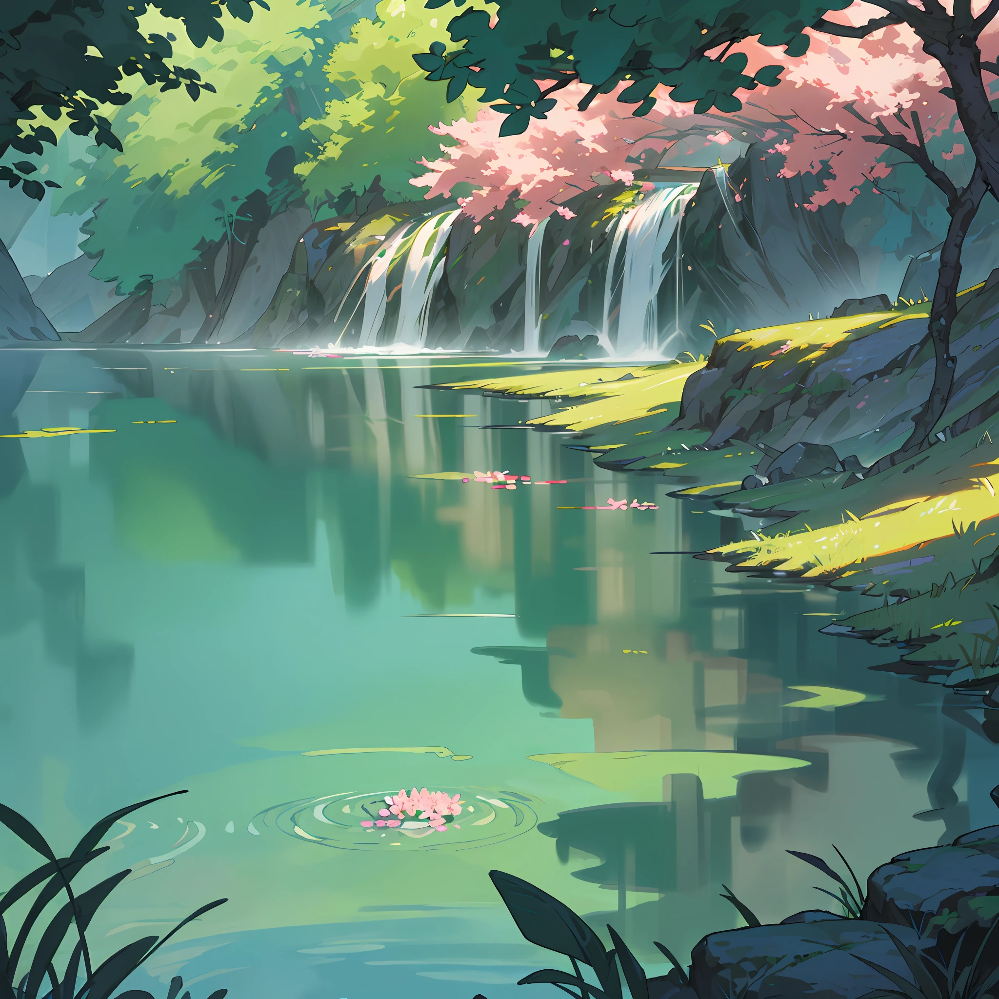 Chinese ancient times, spring, jungle, lake, cave, waterfall, tree, meadow, rock, deer, hot spring, water vapor, (illustration: 1.0), epic composition, realistic lighting, HD details, masterpiece, best quality, (very detailed CG unified 8k wallpaper)