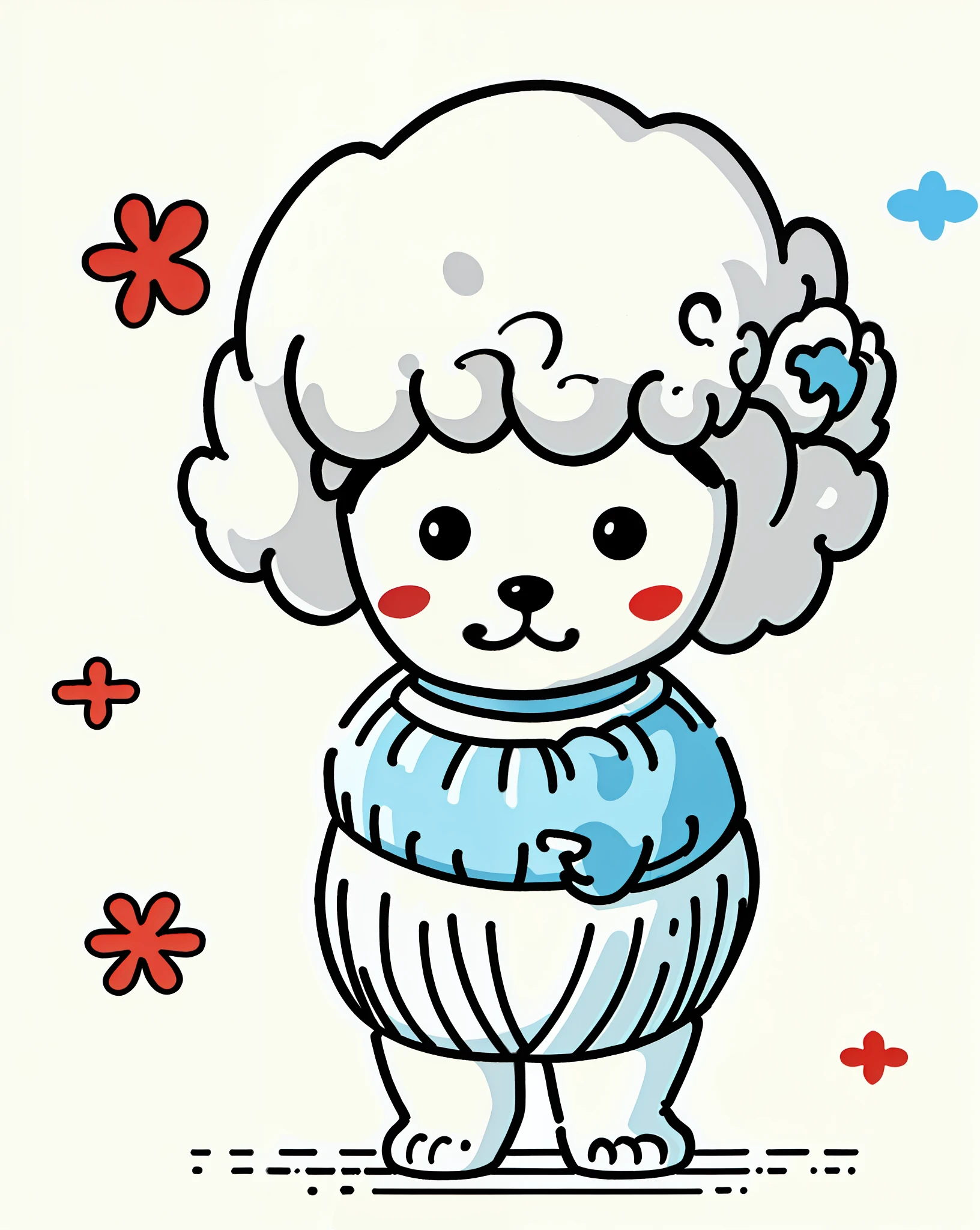 (Masterpiece), (Best Quality), Sticker, Round Head, Big Eyes, Dwarf, Bichon Dog, Cute Color, Bichon Line, Vector, Simple, Flat Illustration, Mascot, Cartoon, White Background, Broken Flowers