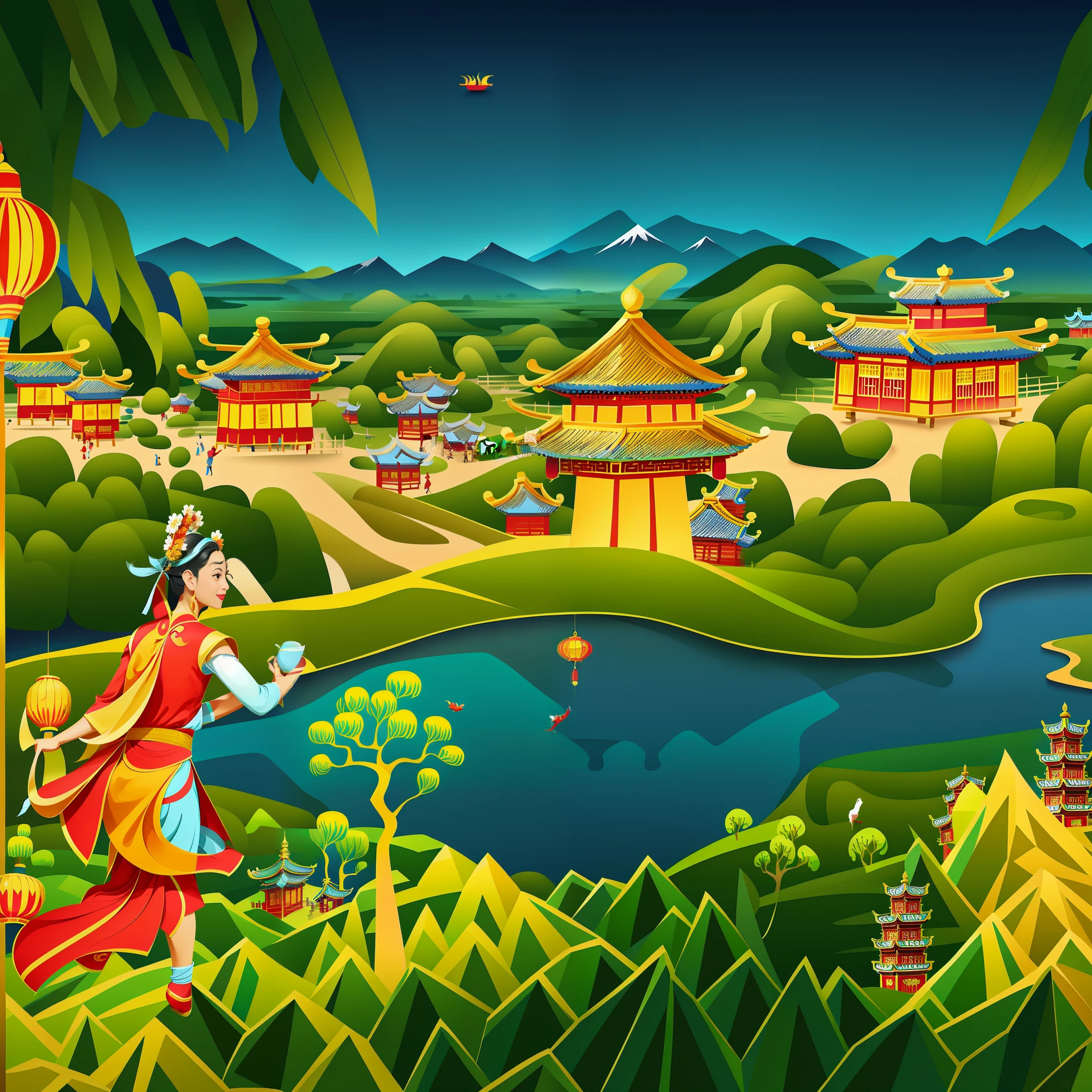 A painting of a woman in Yao ethnic costume standing in front of a lake, a Chinese village, a dream of Chinese, a beautiful artwork illustration, Journey to the West. Pop Art, Game Illustration, Old Asian Village, Assam Tea Village Background, Stylized Digital Illustration, Vibrant Travel Poster, Mobile Game Art, Background Art, Background Artwork, Background Inspired by Gao Kegong
