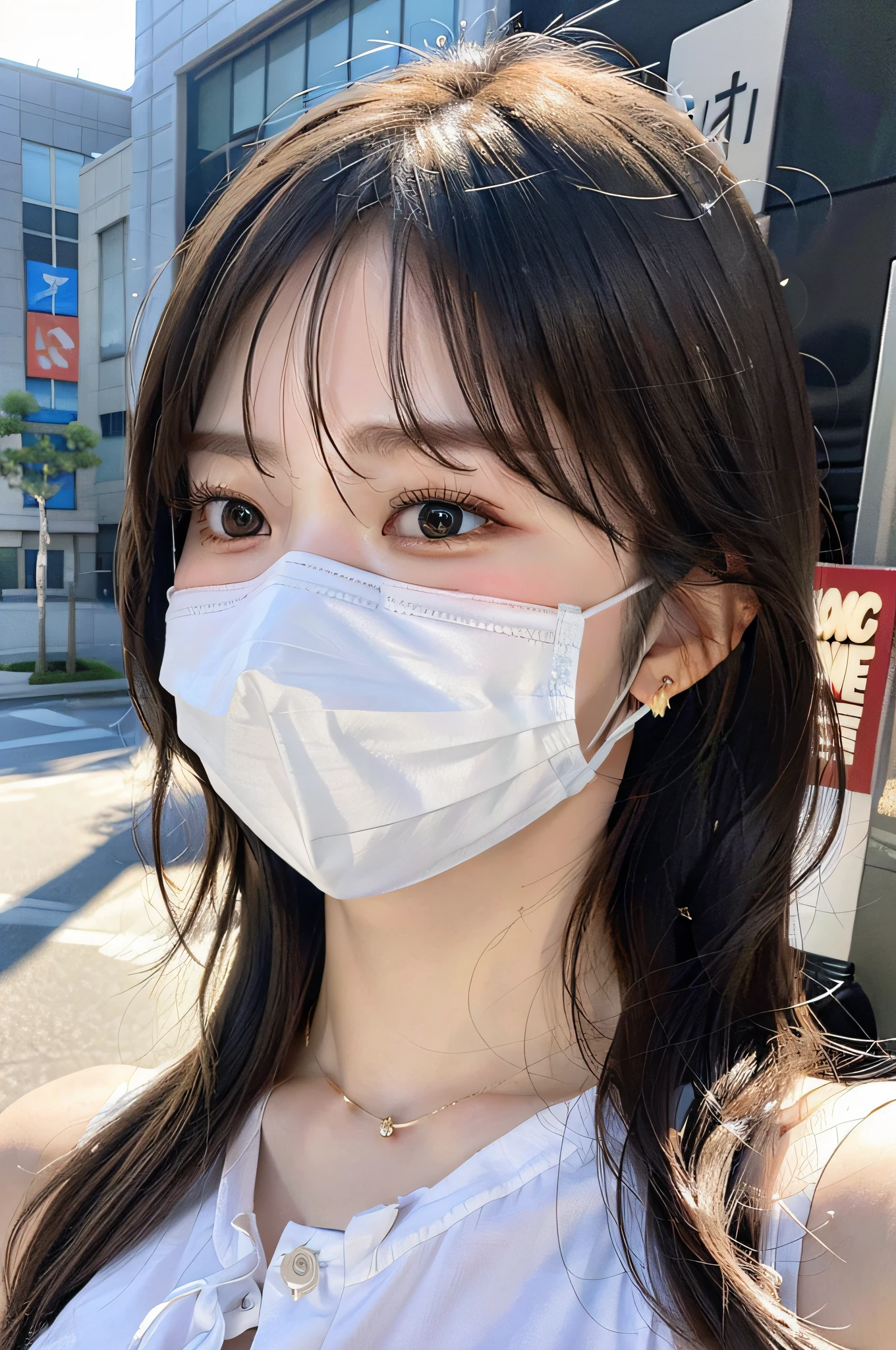 8K, Best Quality, Masterpiece, Ultra High Definition, (Photorealistic: 1.4), Raw Photography, Realistic Skin Texture, (Film Grain: 1.3), 1girl, Beautiful Detailed Eyes and Face, Masterpiece, Best Quality, Upper Body, Japan Idol, Fair Skin, Mask, Natural Blurred Background, Close Up, Other Shots, Big, Front Photo, Hide Face with Mobile, Face Covered, Wearing a Mask, Profile