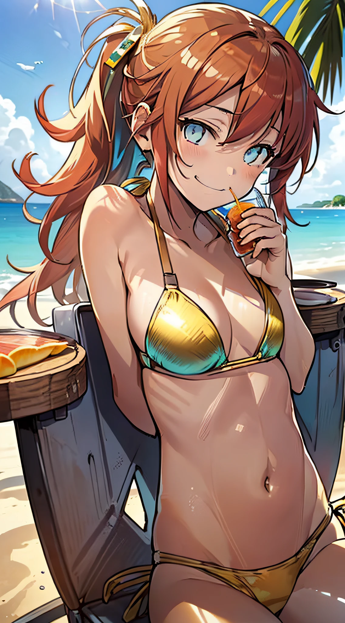 ((Masterpiece)), (((Squat)), (Sit on a White Beach Chair and Drink Tropical Juice), (((Metallic Yellow Bikini)), 1 Girl, Long-haired, Ponytail, (Red Hair), Sad Smile, Aqua Eyes, Small, 15 years old, Noon, Sunshine, Seaside, Fantastic Sky