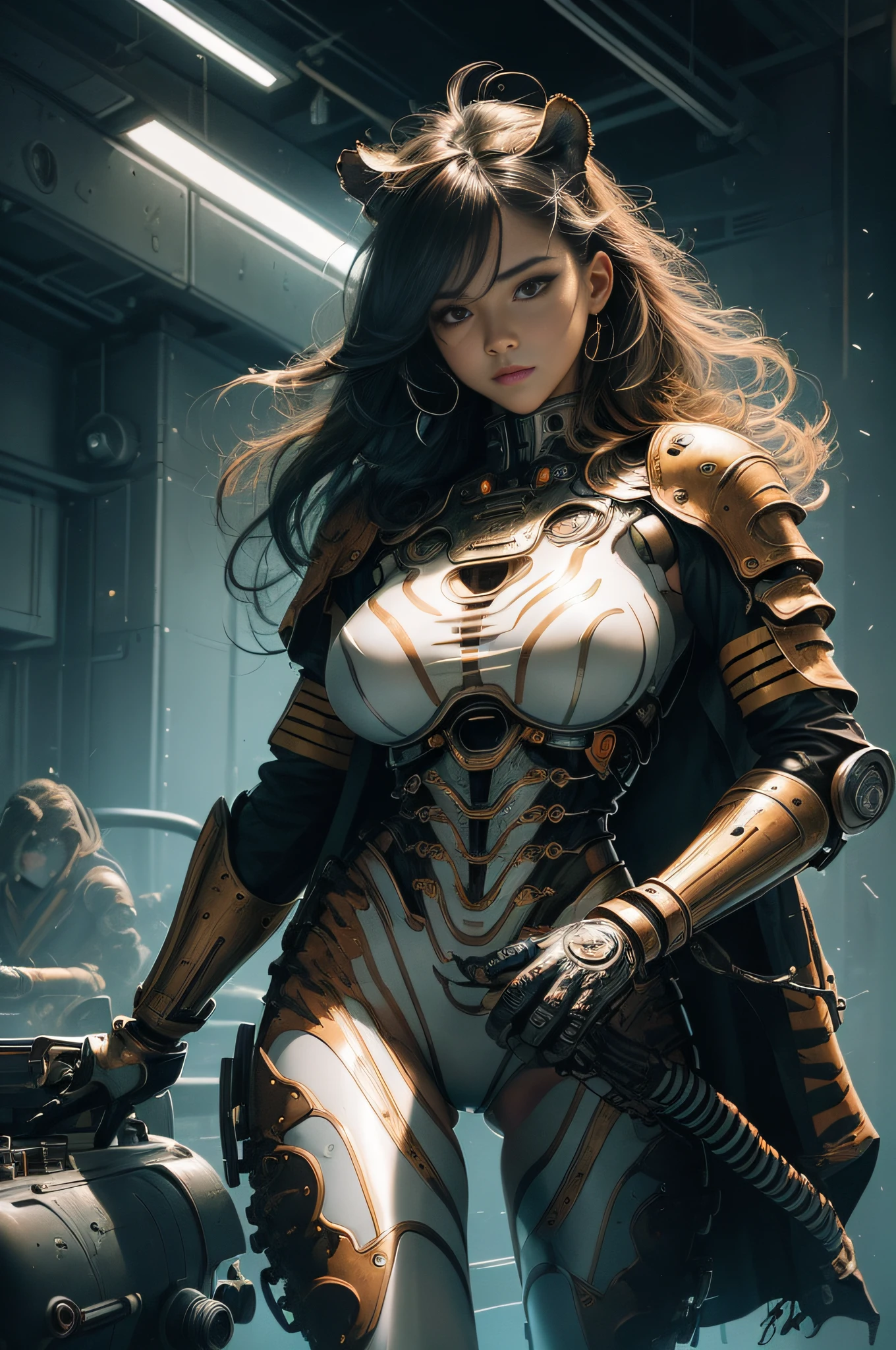 [Detailed illustrations, art based on extremely ideal anatomy, very detailed and detailed drawings, slow and delicate lines, realistic texture expression],((Color tressed main lines)),(Artwork with outstanding technique),(Briefing room background),[HENTAI ANIME Girl Japanese Beauty Cyborg 17 years old wild hair] Muscular ((KARATE)) ( Mechanical arms (built-in engine: 0.4)),((Tiger: 0.6) (Translucent rubber inner)) (((Tiger stripes))),[Black leather jacket],((Chrome coating:0.5)),(Science Fiction Mechanical Bioengineering),(Fine and beautiful skin expression (transparency)))),((Clear gaze)),(Perfect eye details ( Beautifully drawn eyes))),(Beautiful perfect face (realistic face details)),((Beautiful hair details)),(Perfectly proportioned proportions)),(Design built to a high level,((Advanced structural understanding of materials)),Ideal color coordination),((Artistic decoration)) ((Dense details)),((Detail,High definition)),[( Ultra-precise detail),((Multi-layered texture)),HighQuality,High Resolution],((Accurate simulation of light-material interactions, understanding of air flow, mechanically correct representation)),(((Visual art with a sense of narrative)).