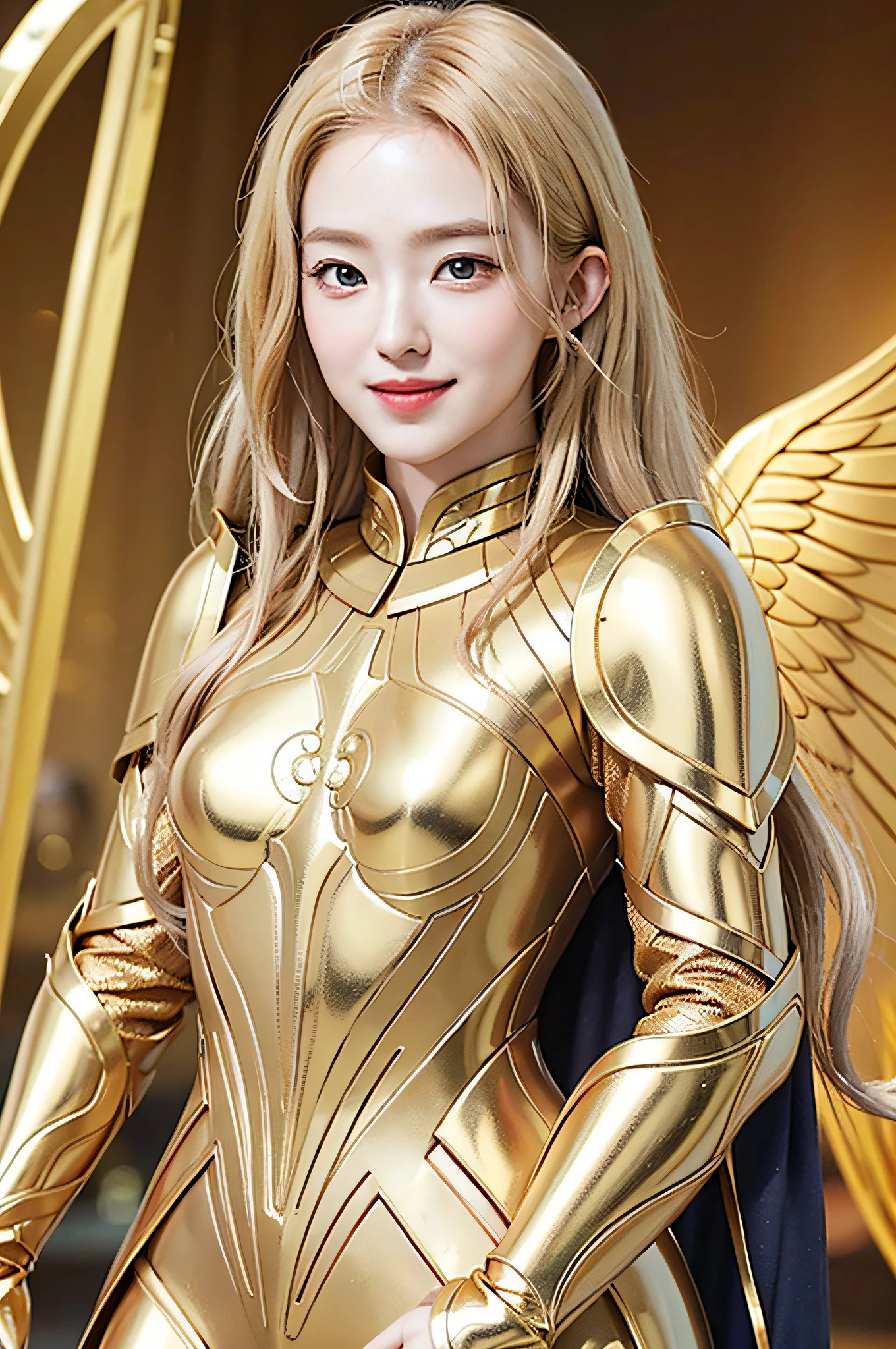 Golden armor, long blonde hair, golden pupils, golden light background, golden transparent wings, smiling, golden eyes, flashing notes around, maiden, golden qi waves
