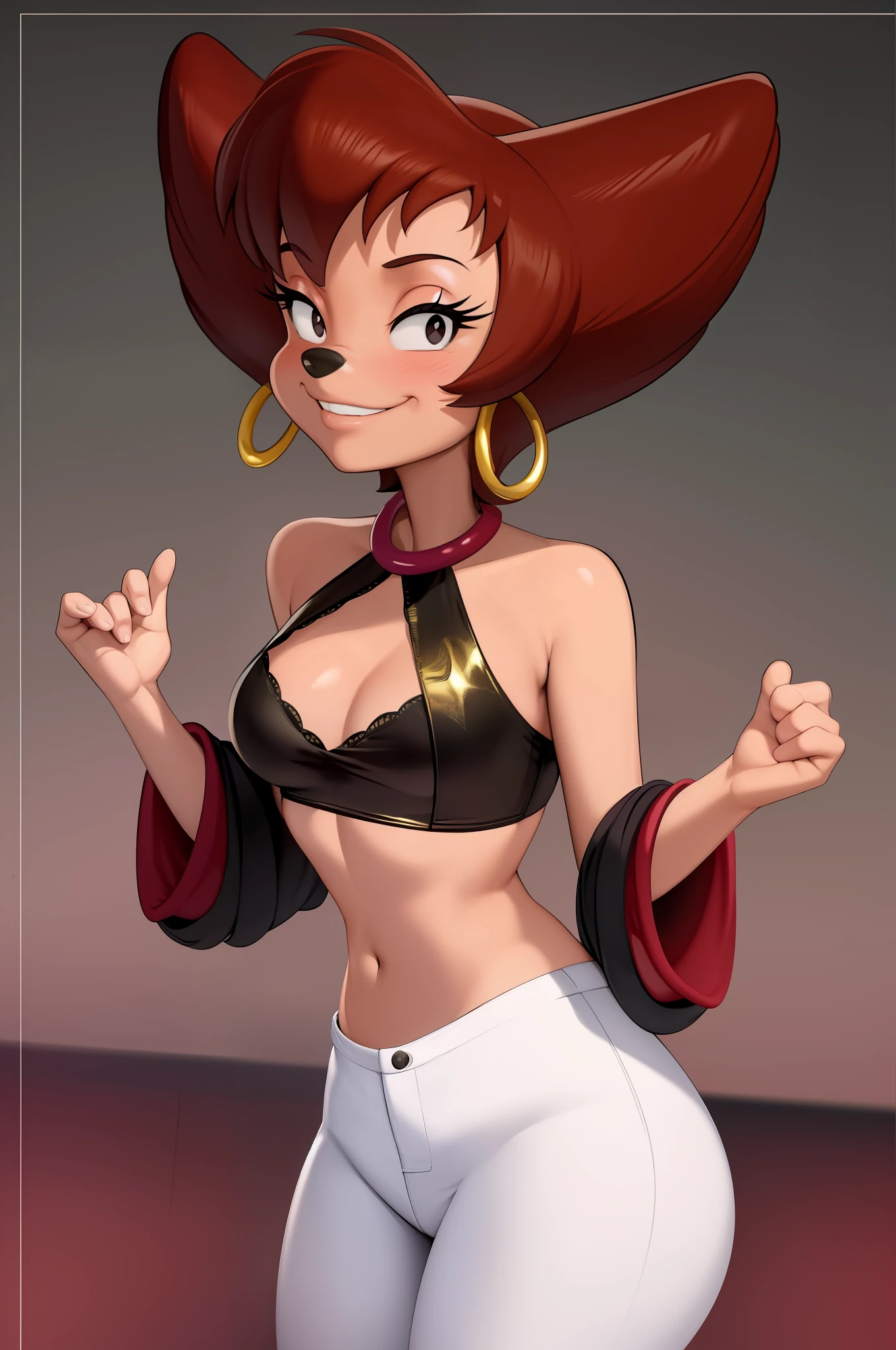 masterpiece, best quality, one girl, solo, detailed face, looking at the viewer, black eyes, gold hoop earrings, small breasts, 5 fingers, seductive smile, formal background, detailed skin texture, (blush: 0.5), (goosebumps: 0.5), subsurface scattering, detailed skin texture, (blush: 0.2), (goosebumps: 0.3), subsurface scattering, sexual expression, jeans, stockings, portrait, covering breasts with hands, pink bra, crop top