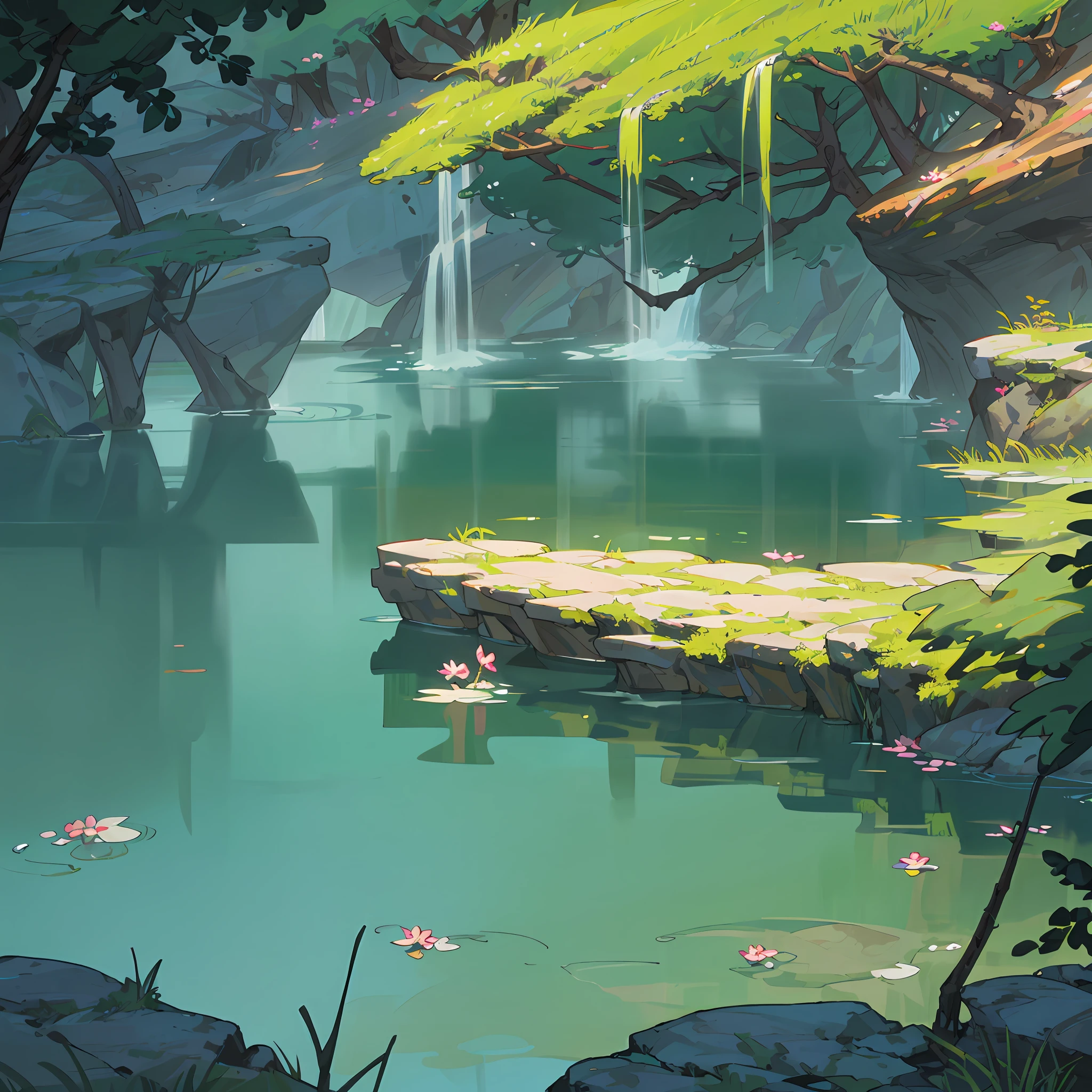 Chinese ancient times, spring, jungle, lake, cave, waterfall, tree, meadow, rock, deer, hot spring, water vapor, (illustration: 1.0), epic composition, realistic lighting, HD details, masterpiece, best quality, (very detailed CG unified 8k wallpaper)