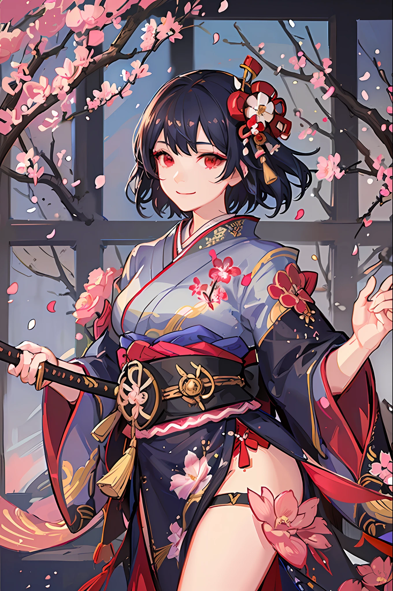 ((Masterpiece, super detail, exquisite details, top quality, illustration), 1 girl, solo, high quality, viewer, red eyes, black hair, princess cut, flower hair ornament, short hair, smile, Japanese costume, Japan in the garden, cherry blossoms, petals falling, shoji door, transparent sunlight, warrior pose, confident expression, heroic, strong, feminine, powerful, traditional, Japan culture, oriental aesthetic, elegant, beautiful, Attention to detail, vivid colors, high contrast, dynamic lighting, realistic texture, traditional painting style, illustration aesthetics, (((holding Japan sword)),