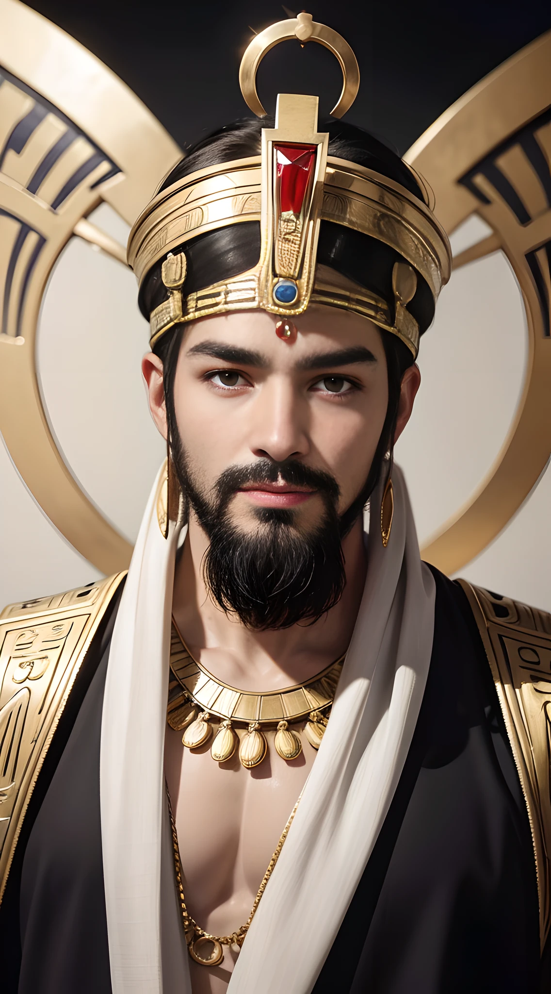Ancient Egyptian pharaohs were typically depicted as regal figures with distinct features. They were often portrayed with a headdress called the "nemes," which was a striped cloth that covered their head and extended down the back. Pharaohs were shown with a false beard, symbolizing their divine status and authority.
(one handsome muscular man), Their facial features were portrayed in a stylized manner, emphasizing a sense of power and prestige. They had prominent, almond-shaped eyes with thickly lined eyelids. The eyes were often depicted as having a slight upward tilt, giving them a regal and commanding gaze. The eyebrows were also depicted as well-defined and often arched.
Pharaohs were shown with a straight, narrow nose and full, slightly rounded lips. The lips were sometimes accentuated with a hint of a smile, conveying a sense of benevolence and wisdom. The overall depiction aimed to convey a sense of divine authority, wisdom, and strength, reflecting the pharaoh's status as a ruler and deity.mischievous smile, (details: 1 1), natural muscles, high quality, beautiful eyes, (detailed face and eyes), ( No face: 1 2), noise, real photo、... PSD, Sharp Focus, High Resolution 8k, Real & Professional Photography, 8K UHD, Soft Lighting, High Quality, Film Grain, FUJIFILM XT3