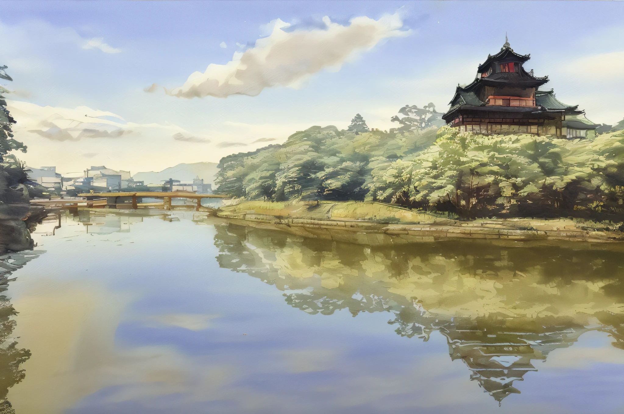 Large building reflected in the water, building along the river, Edo Japan, beautiful Iwakura reflected in the river, Edo period house in the background, photo taken with Sony A7R, ryokan and Edo period house, reflection in the water