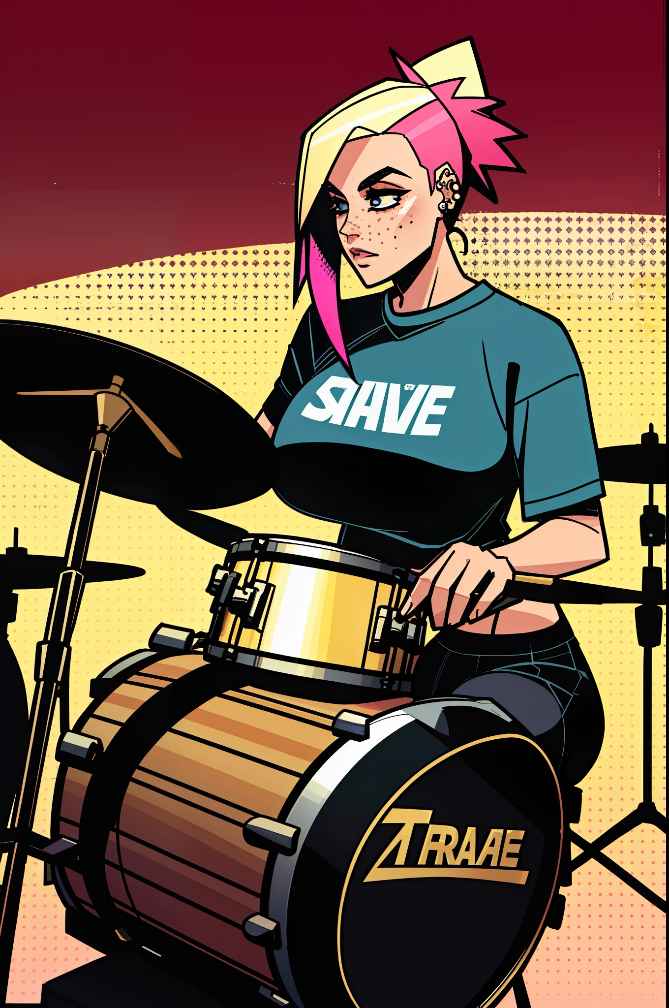 balsamique, masterpiece, best quality, 1girl, breasts, solo, (blonde_hair), huge tits, drummer, drums, drumsticks, t-shirt, booty shorts, flat ass, shaved side of head, tooth gap, pierced brow, drumsticks, pink dye, medium hair, ponytail, sitting, playing drums, blue eyes, drum kit, snare drum, holding drumsticks, hi-hat, band drums, freckles, from front, multicolor hair,  holding drumsticks, crop top, tramp stamp, (asymmetrical_hair), pierced_eyebrow, gradient hair