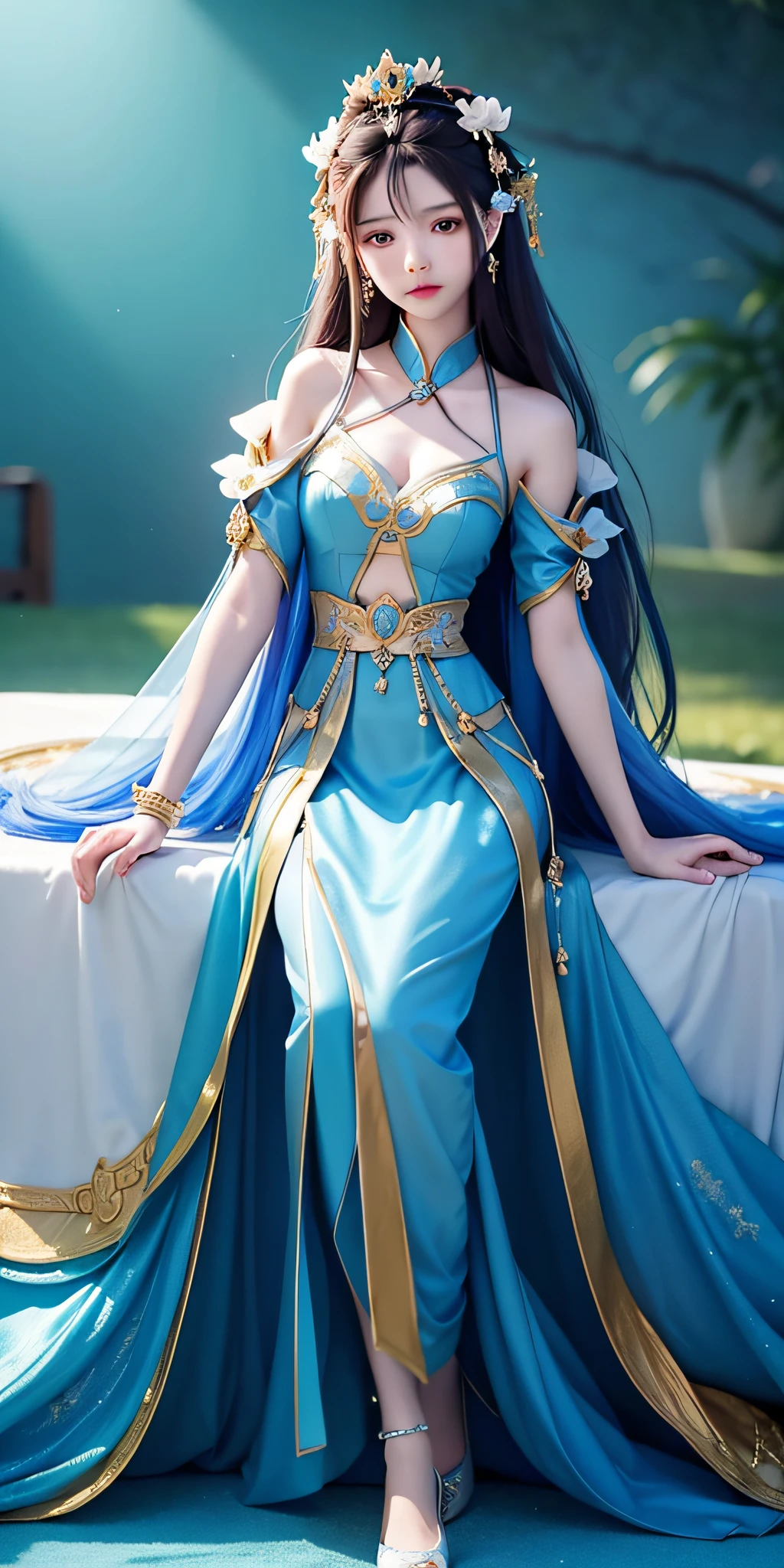 painting of a woman in a blue dress holding a fan, alice x. zhang, beautiful fantasy maiden, by Leng Mei, by Chen Lin, beautiful fantasy art, ((a beautiful fantasy empress)), a beautiful fantasy empress, beautiful character painting, by Li Song, inspired by Lan Ying, beautiful maiden, very beautiful fantasy art, fantasy woman, fantasy style art