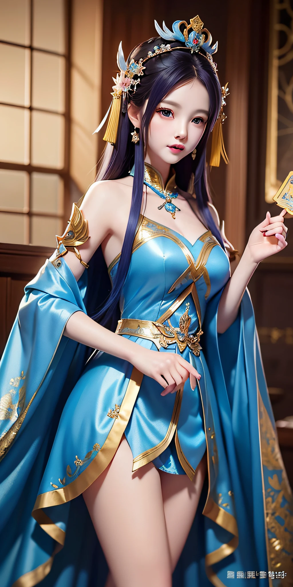 painting of a woman in a blue dress holding a fan, alice x. zhang, beautiful fantasy maiden, by Leng Mei, by Chen Lin, beautiful fantasy art, ((a beautiful fantasy empress)), a beautiful fantasy empress, beautiful character painting, by Li Song, inspired by Lan Ying, beautiful maiden, very beautiful fantasy art, fantasy woman, fantasy style art