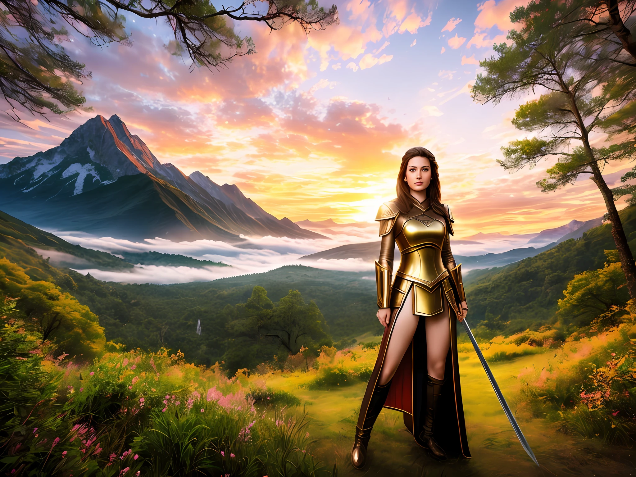 arafed woman in a golden outfit with a sword in a field, fantasy paladin woman, dramatic lighting fantasy, epic fantasy digital art style, epic fantasy art style hd, warrior princess, fantasy warrior, high quality fantasy stock photo, fantasy woman, of a beautiful female knight, fantasy character photo, girl in knight armor, beautiful female knight, a beautiful woman warrior
