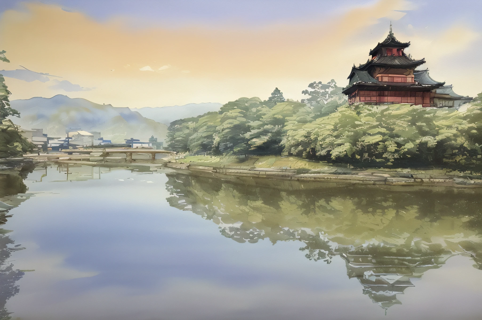 Large building reflected in the water, building along the river, Edo Japan, beautiful Iwakura reflected in the river, Edo period house in the background, photo taken with Sony A7R, ryokan and Edo period house, reflection in the water